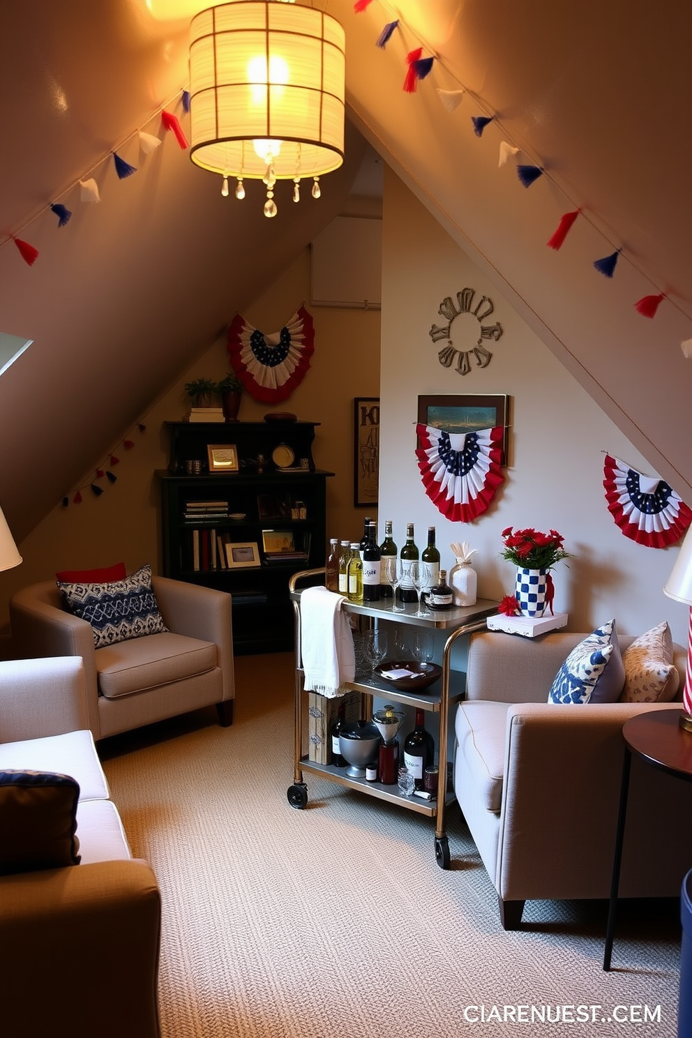 A cozy attic space transformed for Labor Day celebrations. The room features a small bar cart elegantly set up with an assortment of drinks and glassware, surrounded by comfortable seating arrangements. The walls are adorned with festive decorations in red, white, and blue, capturing the spirit of the holiday. Soft, ambient lighting illuminates the space, creating a warm and inviting atmosphere for entertaining guests.