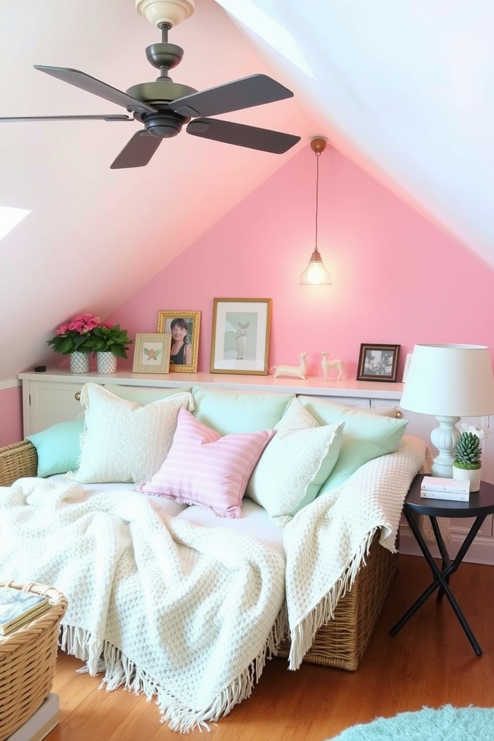 Brighten the attic space with light pastel colors that create a fresh and airy atmosphere. Incorporate soft pinks, mint greens, and pale yellows on the walls and furnishings to evoke a cheerful ambiance. Use cozy textiles like lightweight throws and plush cushions in complementary pastel shades. Add decorative elements such as framed artwork and whimsical accents to enhance the Labor Day theme while maintaining a relaxed, inviting feel.