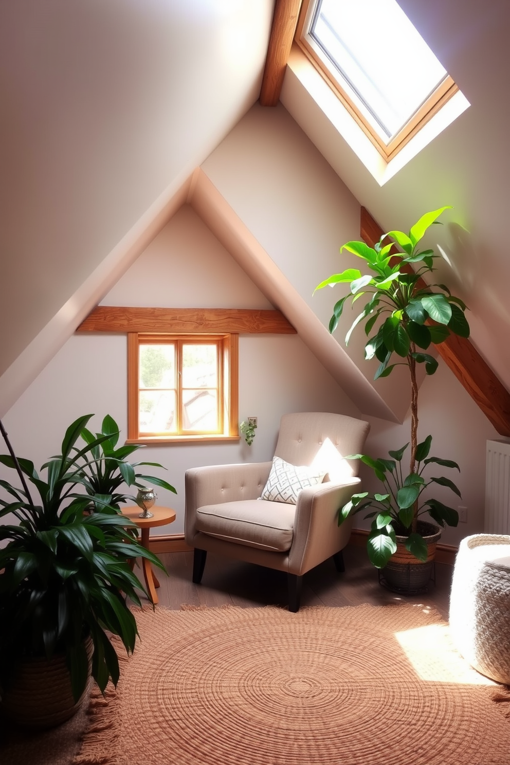 A cozy attic space transformed into a relaxing retreat. Soft natural light filters through a skylight, illuminating a comfortable reading nook with a plush armchair and a small side table. Lush green plants are strategically placed around the room, adding a fresh feel and vibrant color. The walls are adorned with rustic wooden beams, and a woven rug anchors the seating area, creating a warm and inviting atmosphere.