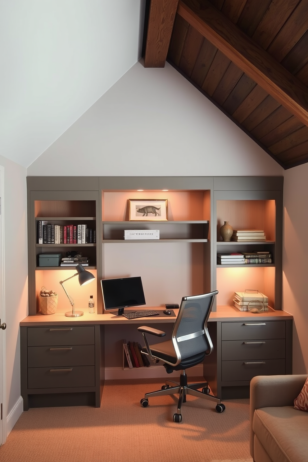 Create a cozy workspace under sloped ceilings with a built-in desk that maximizes the available space. The desk is adorned with a stylish lamp and a comfortable ergonomic chair, while shelves above hold books and decorative items. Incorporate warm lighting to enhance the ambiance, with soft tones that complement the wooden beams of the ceiling. Use a muted color palette for the walls and furnishings to create a serene and productive environment, perfect for working from home.