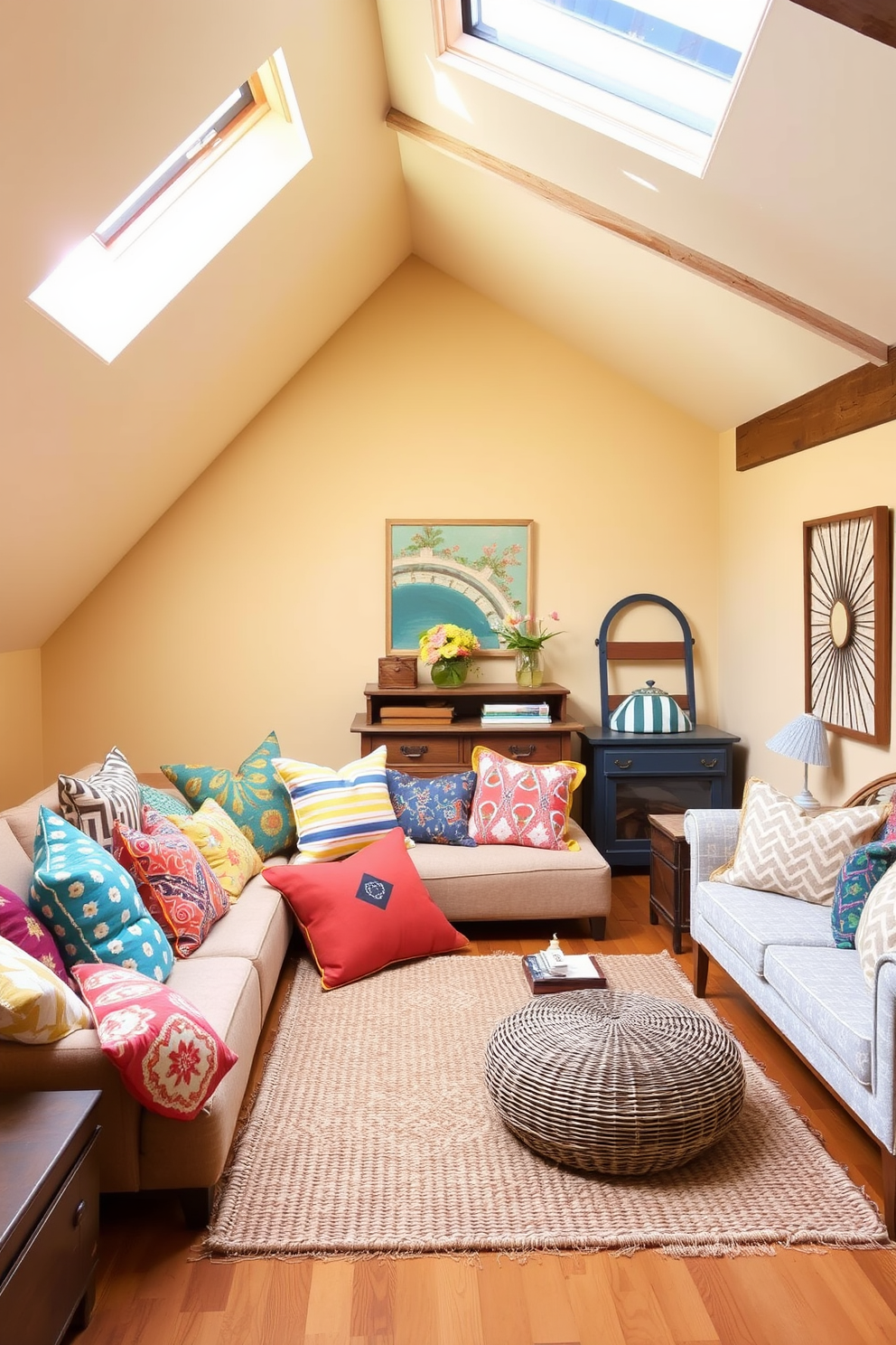 Create a cozy attic space that features colorful throw pillows in various patterns and textures scattered across a plush seating area. The walls are painted in a soft, warm hue, and natural light floods the room through a skylight, highlighting the inviting atmosphere. Incorporate rustic wooden beams and vintage furniture pieces to enhance the charm of the attic. Add decorative elements like a woven rug and wall art that reflects a relaxed, creative vibe perfect for a Labor Day gathering.