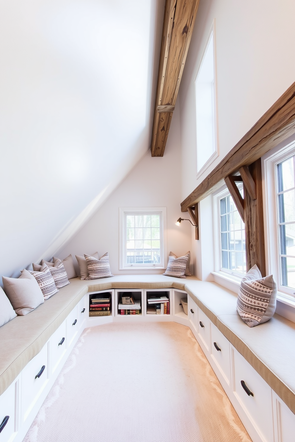 A cozy attic space featuring built-in seating along the sloped walls. The seating includes plush cushions and storage compartments underneath for blankets and books. The walls are painted in a soft white, creating an airy feel, while rustic wooden beams add character. Natural light floods the area through a large window, complemented by warm, ambient lighting fixtures.