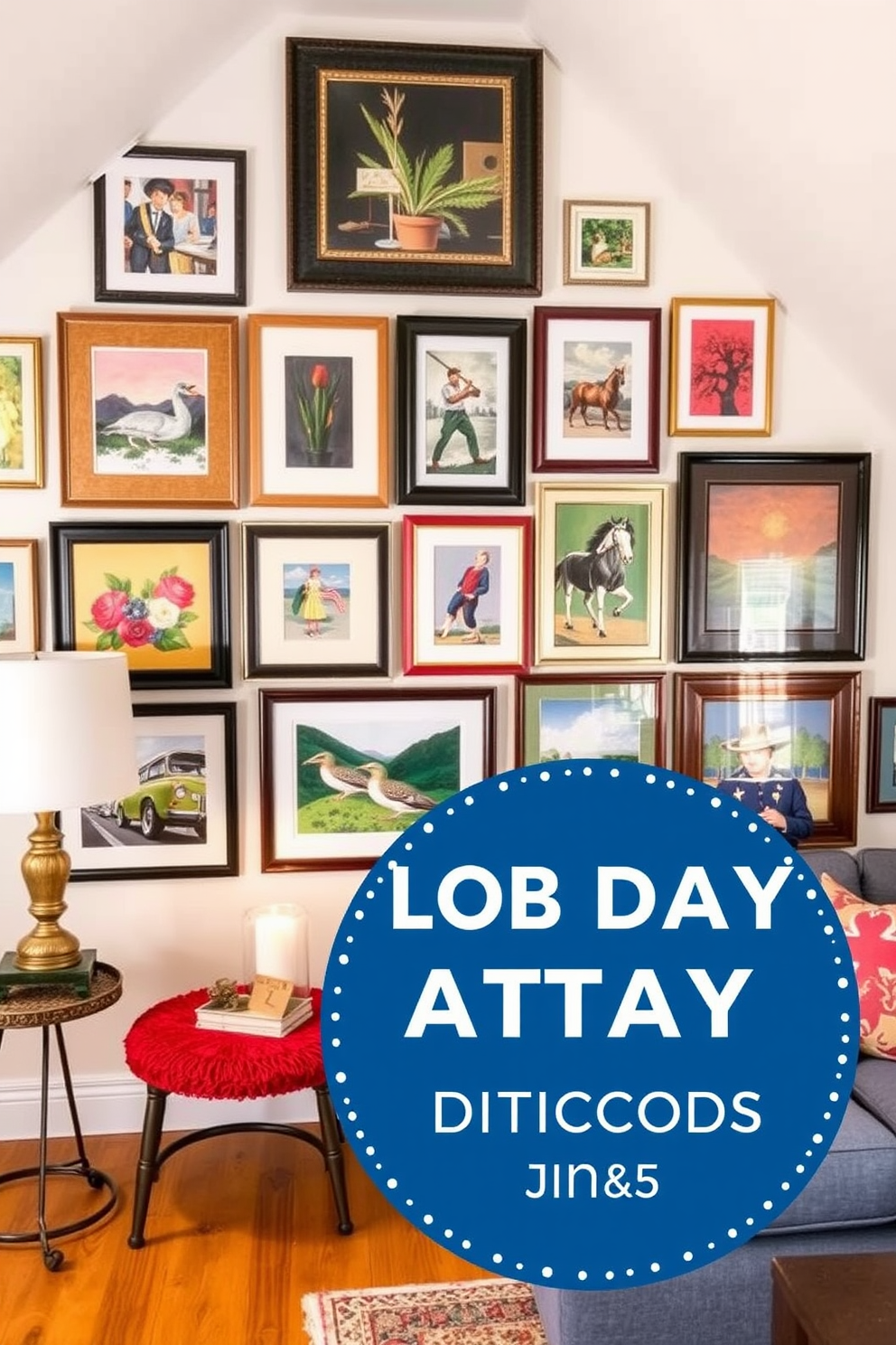 Create a gallery wall with a mix of framed art pieces showcasing vibrant colors and diverse styles. Incorporate a variety of sizes and shapes for the frames to add visual interest and depth. Labor Day attic decorating ideas should focus on creating a cozy and inviting space. Use warm lighting, comfortable seating, and seasonal decor to celebrate the holiday while maximizing the attic's charm.