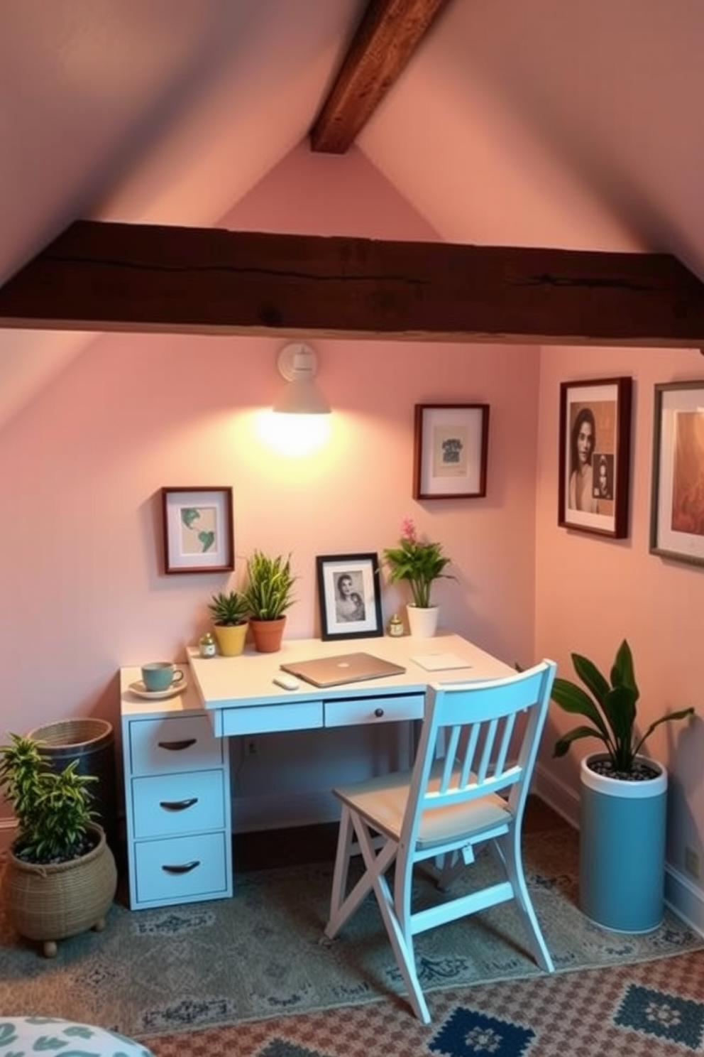 A cozy attic workspace featuring a foldable desk that can be easily stored away when not in use. The walls are adorned with soft pastel colors, and a comfortable chair complements the desk, creating an inviting atmosphere. Decorative elements include potted plants and framed artwork that reflect a personal touch. Warm lighting fixtures enhance the space, making it perfect for productivity and relaxation during Labor Day celebrations.