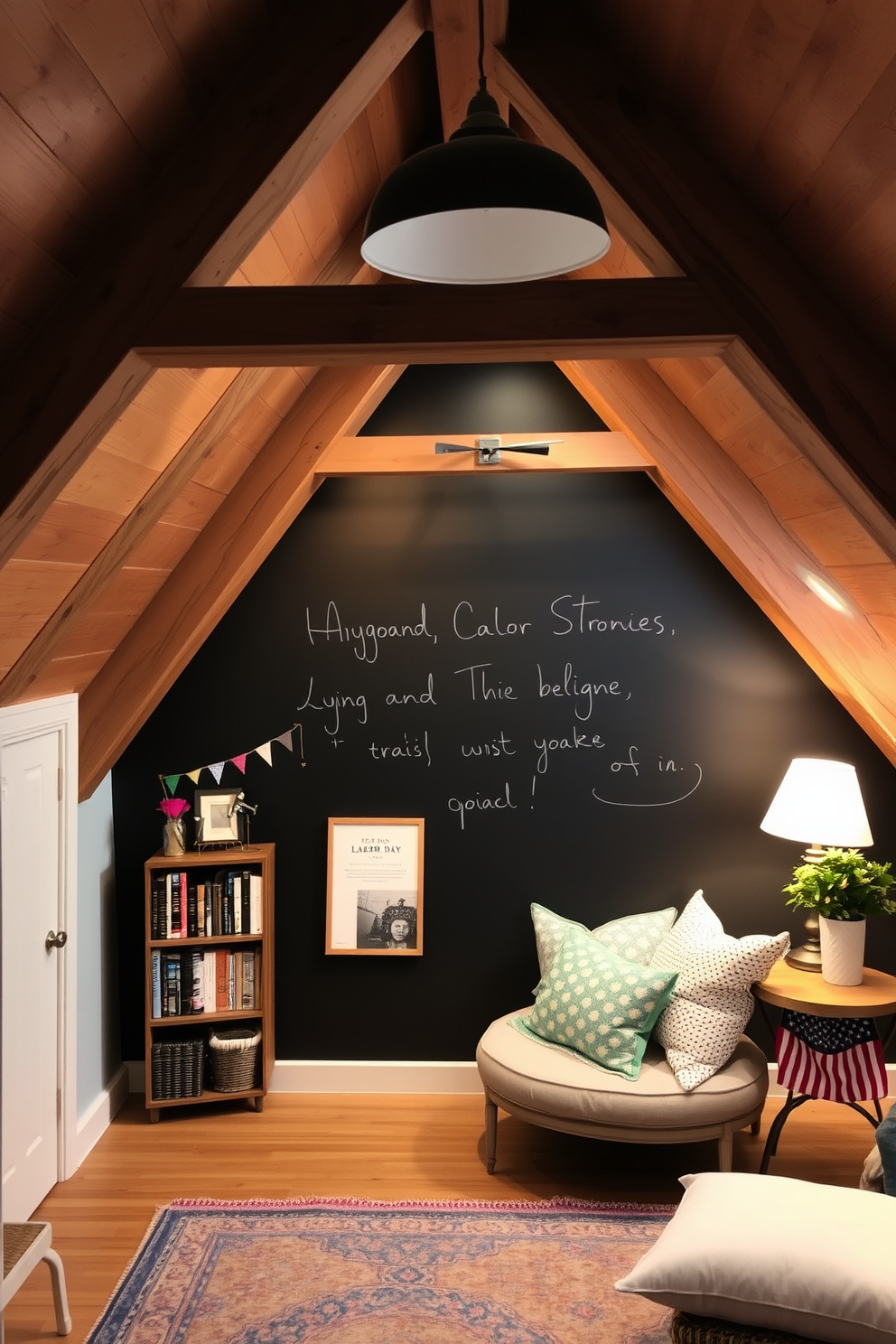 A cozy attic space perfect for creativity features a large chalkboard wall painted in matte black, inviting artistic expression and brainstorming. The room is adorned with rustic wooden beams and soft lighting, creating an inspiring atmosphere for relaxation and work. In one corner, a comfortable reading nook is set up with plush cushions and a small bookshelf filled with inspiring reads. Decorative Labor Day-themed accents, such as small flags and seasonal decor, add a festive touch to the inviting space.