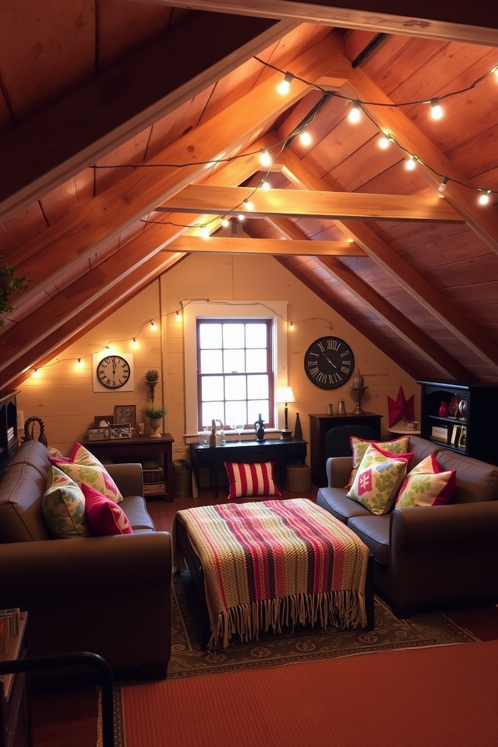 A cozy attic space transformed for Labor Day celebrations. Soft layered lighting creates a warm ambiance, highlighting rustic wooden beams and comfortable seating areas. The room features a mix of vintage decor and festive accents. Colorful throw pillows and a woven blanket add a touch of comfort, while string lights twinkle overhead, enhancing the festive atmosphere.