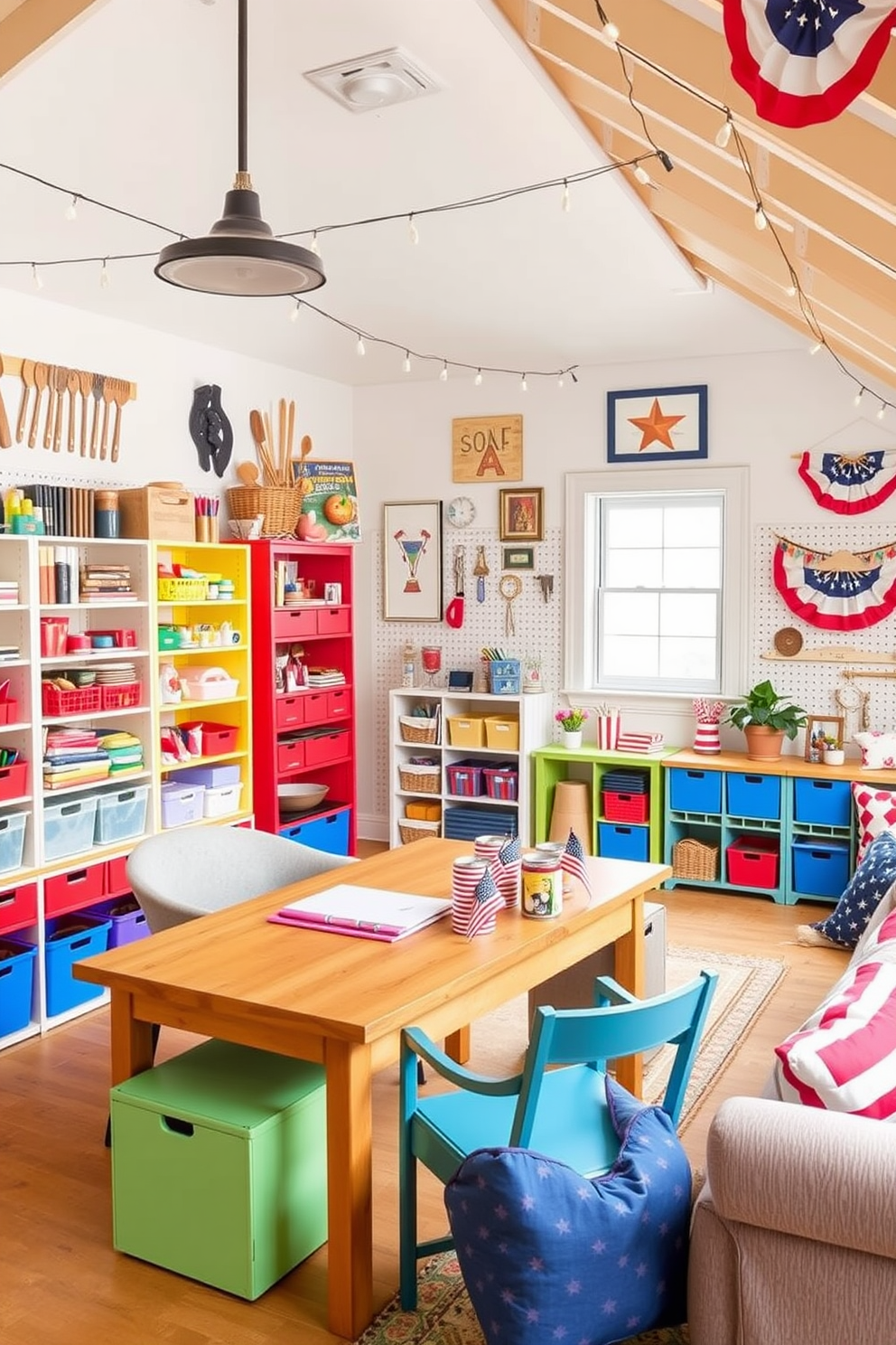 Create a bright and inviting craft space filled with organized storage solutions. The room features a large wooden table surrounded by colorful shelving units that hold various crafting supplies. Incorporate a cozy seating area with a comfortable chair and a small side table for inspiration. Decorate the walls with pegboards displaying tools and materials, along with cheerful artwork to spark creativity. For Labor Day, transform the attic into a festive gathering space. Use patriotic colors in the decor with red, white, and blue accents, and arrange comfortable seating for family and friends. Add string lights for a warm ambiance and display seasonal decorations like mini flags and themed centerpieces. Create a welcoming atmosphere that encourages relaxation and celebration during the holiday.