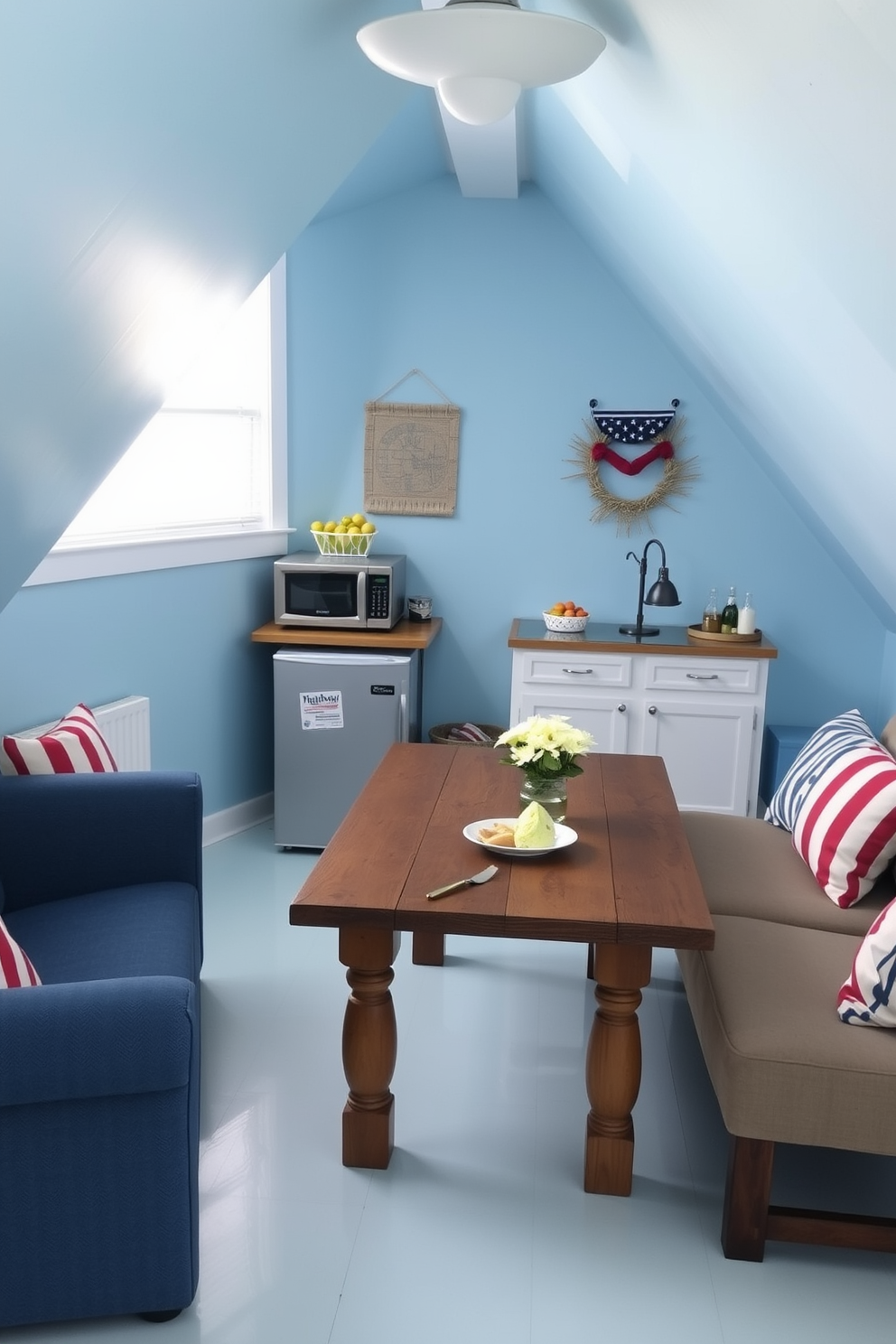 A cozy attic space designed for Labor Day celebrations. The room features a small kitchenette with a compact refrigerator, a microwave, and a stylish countertop for preparing snacks and drinks. The walls are painted in a soft blue hue, creating a relaxing atmosphere. Comfortable seating is arranged around a rustic wooden table, perfect for casual gatherings and enjoying the holiday.