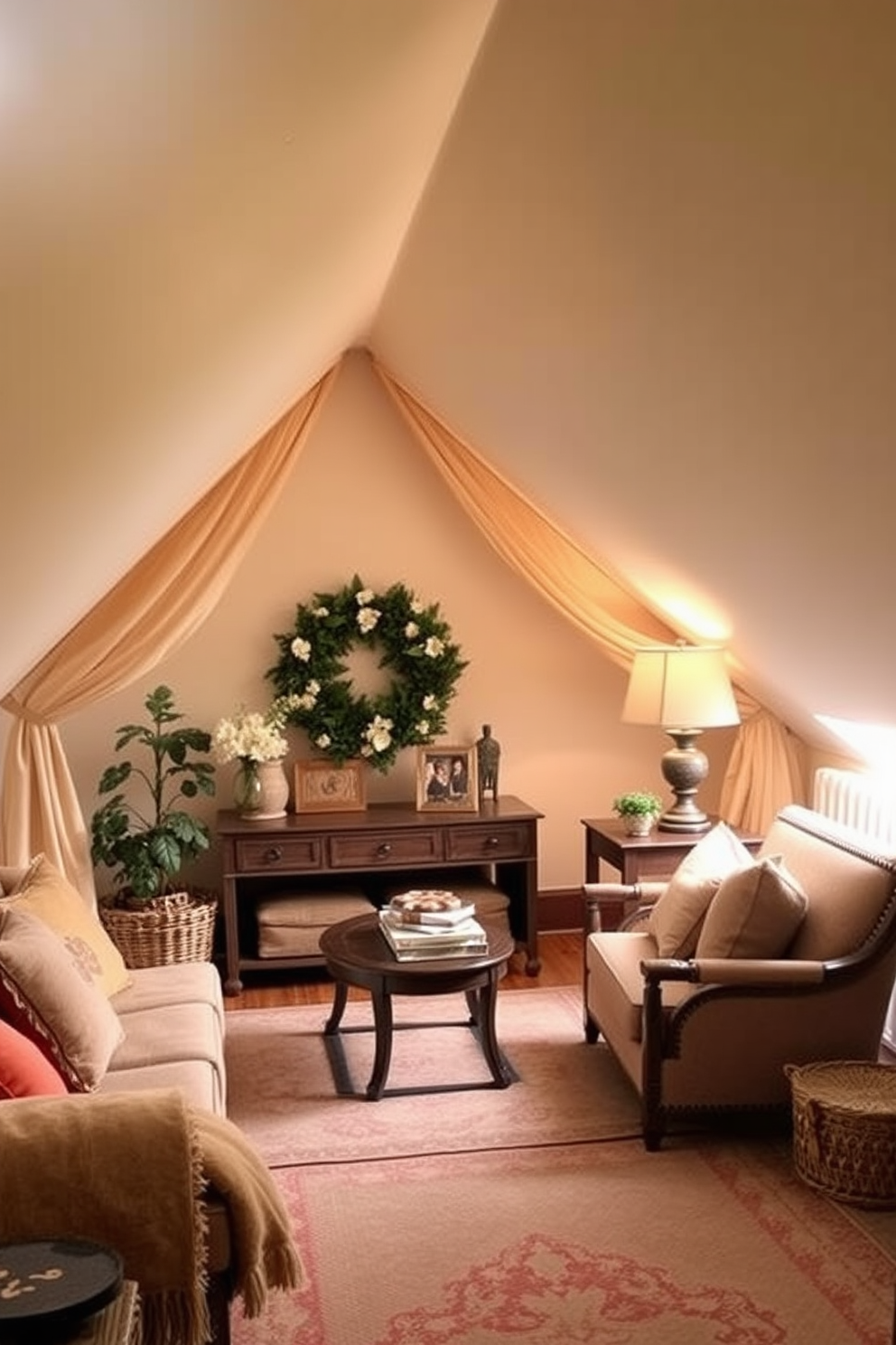 Create a cozy attic space that embraces the charm of Labor Day with soft, flowing curtains that gently drape along the sloped walls. Incorporate warm, inviting colors and textures to enhance the relaxing atmosphere, while adding seasonal decor that reflects the spirit of the holiday.