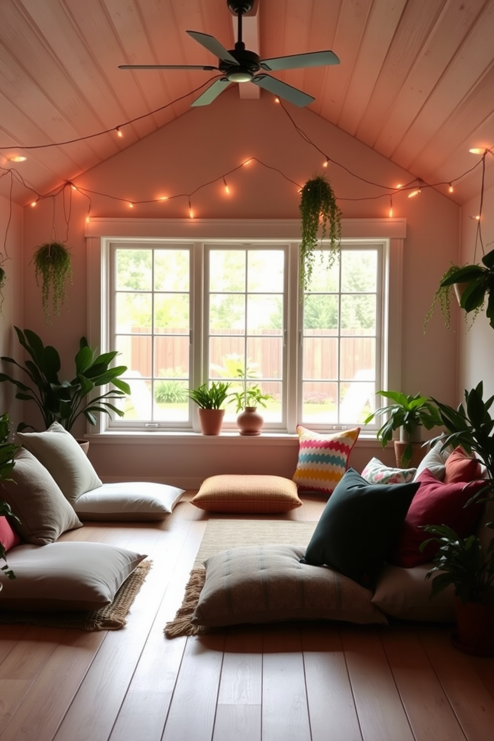 Create a serene meditation space filled with natural light. Soft cushions are arranged on a light wooden floor with a large window overlooking a peaceful garden. Labor Day attic decorating ideas feature cozy seating with colorful throw pillows. The space is adorned with string lights and potted plants to create a welcoming atmosphere.