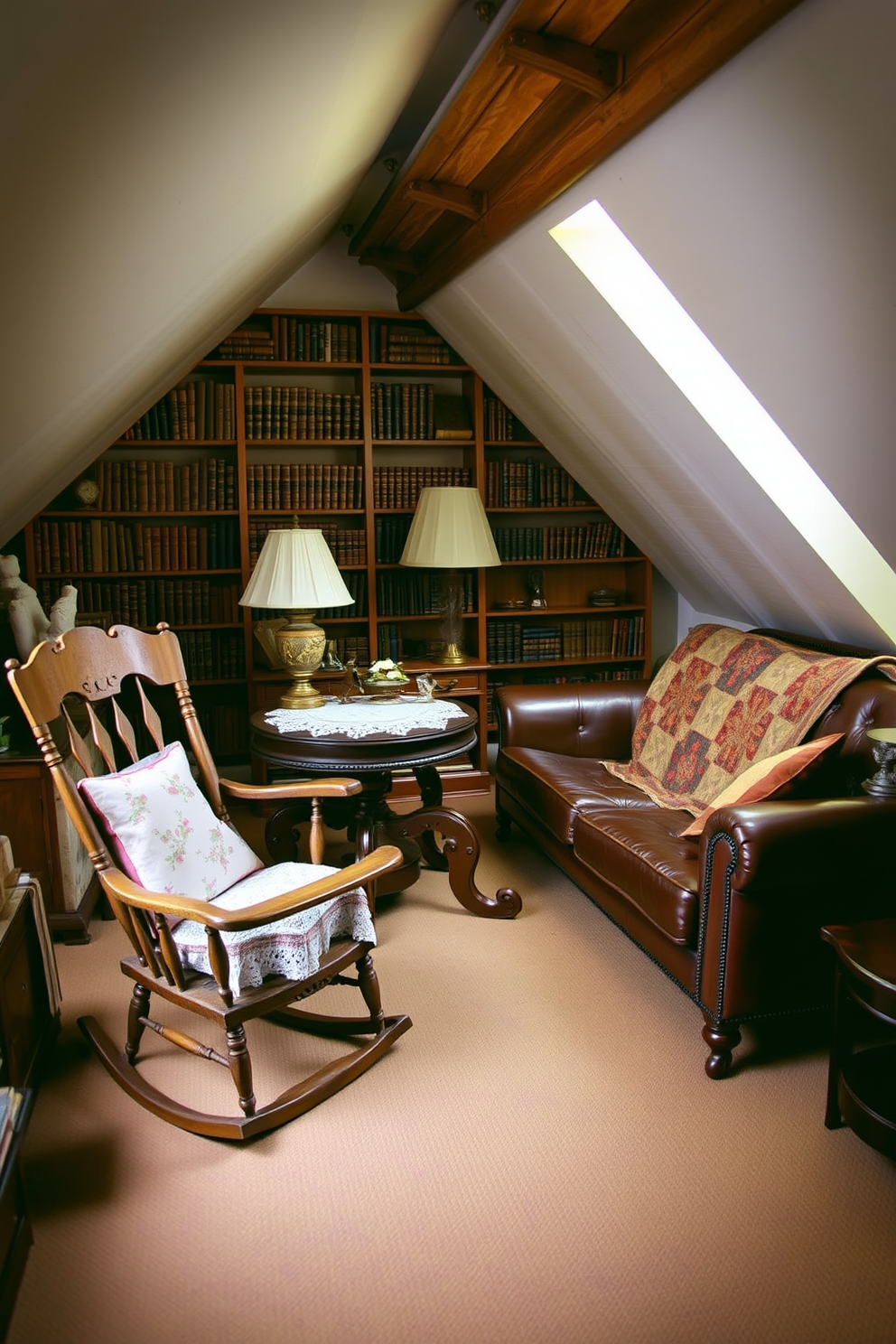 A charming attic space filled with vintage furniture pieces. A distressed wooden rocking chair sits next to a round, ornate table adorned with a lace tablecloth and an antique lamp. A beautifully worn leather sofa is positioned against the sloped ceiling, complemented by a patchwork quilt draped over the back. The walls are lined with old bookshelves filled with leather-bound books and decorative trinkets, creating a cozy reading nook.