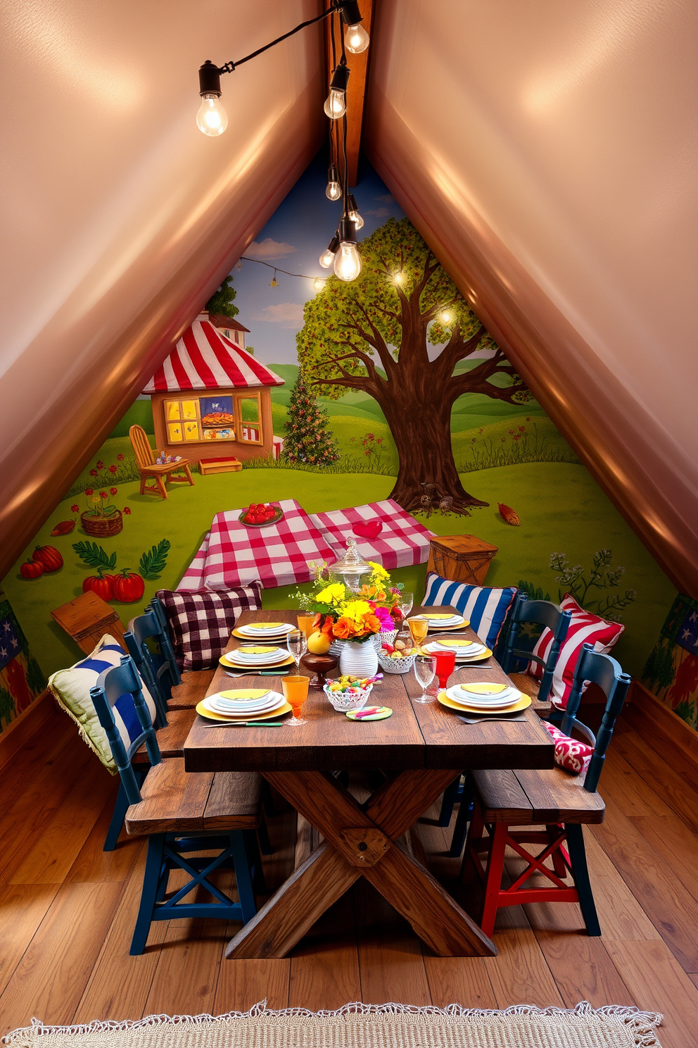 A cozy attic space designed for Labor Day celebrations. The walls are adorned with a vibrant mural depicting a festive outdoor picnic scene, creating a cheerful atmosphere. In the center, a rustic wooden table is set with colorful tableware and seasonal decorations. Soft lighting from string lights overhead enhances the inviting ambiance, making it perfect for gatherings.