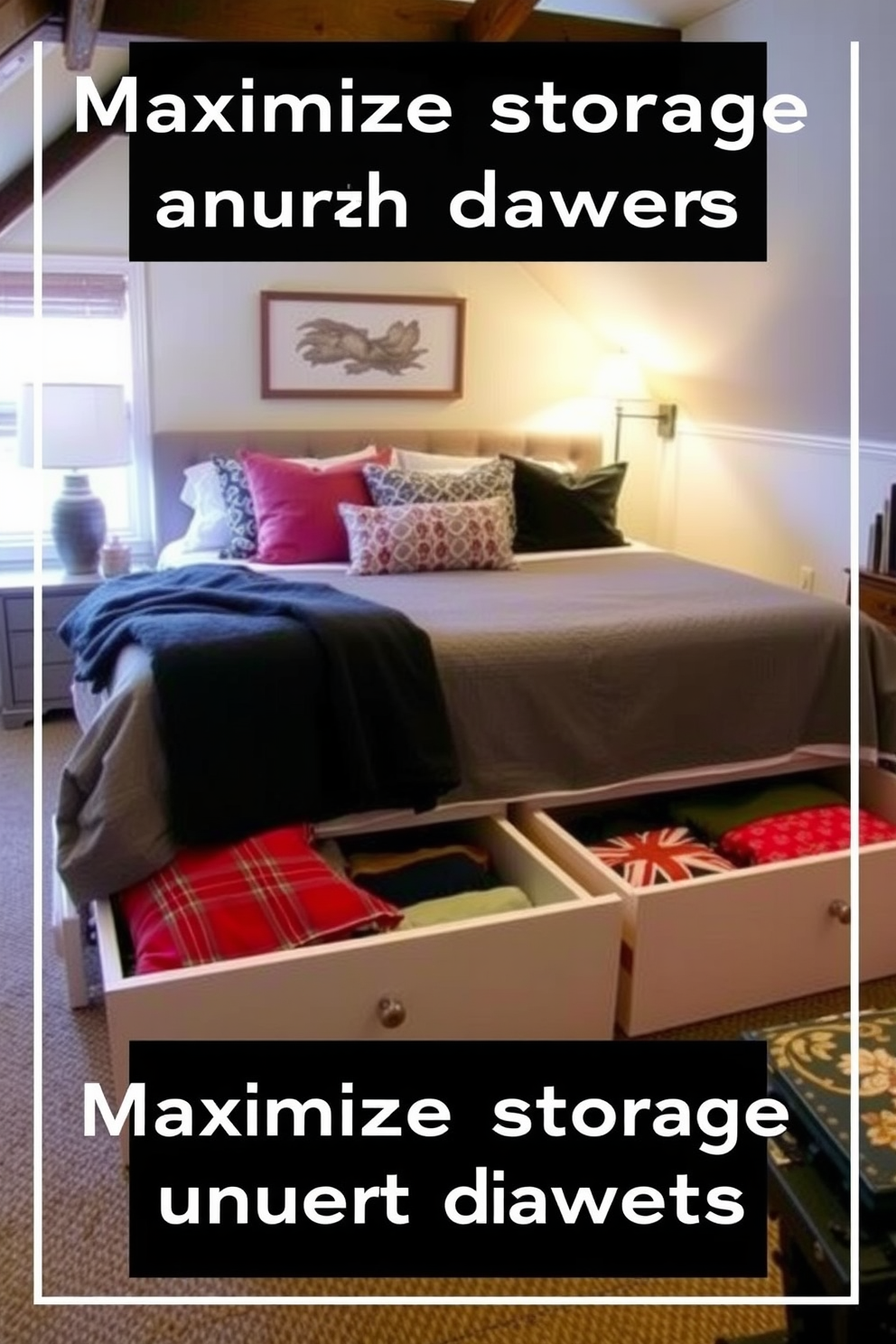 Maximize storage with under-bed drawers. The bedroom features a cozy atmosphere with a plush bed and stylish bedding, while the under-bed drawers provide ample space for organizing clothes and personal items. Labor Day Attic Decorating Ideas. The attic is transformed into a charming retreat with comfortable seating, vibrant throw pillows, and soft lighting, creating a perfect spot for relaxation and creativity.