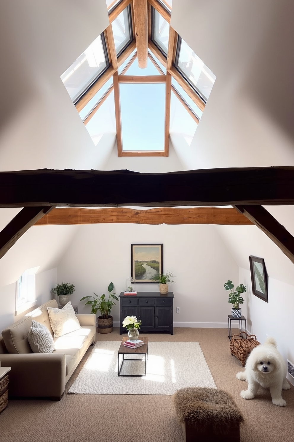 A cozy attic space featuring a large skylight that floods the room with natural light. The walls are painted in a soft white, and the wooden beams are left exposed for a rustic charm. A comfortable seating area is arranged with plush cushions and a small coffee table. Decorative elements such as plants and artwork enhance the inviting atmosphere.