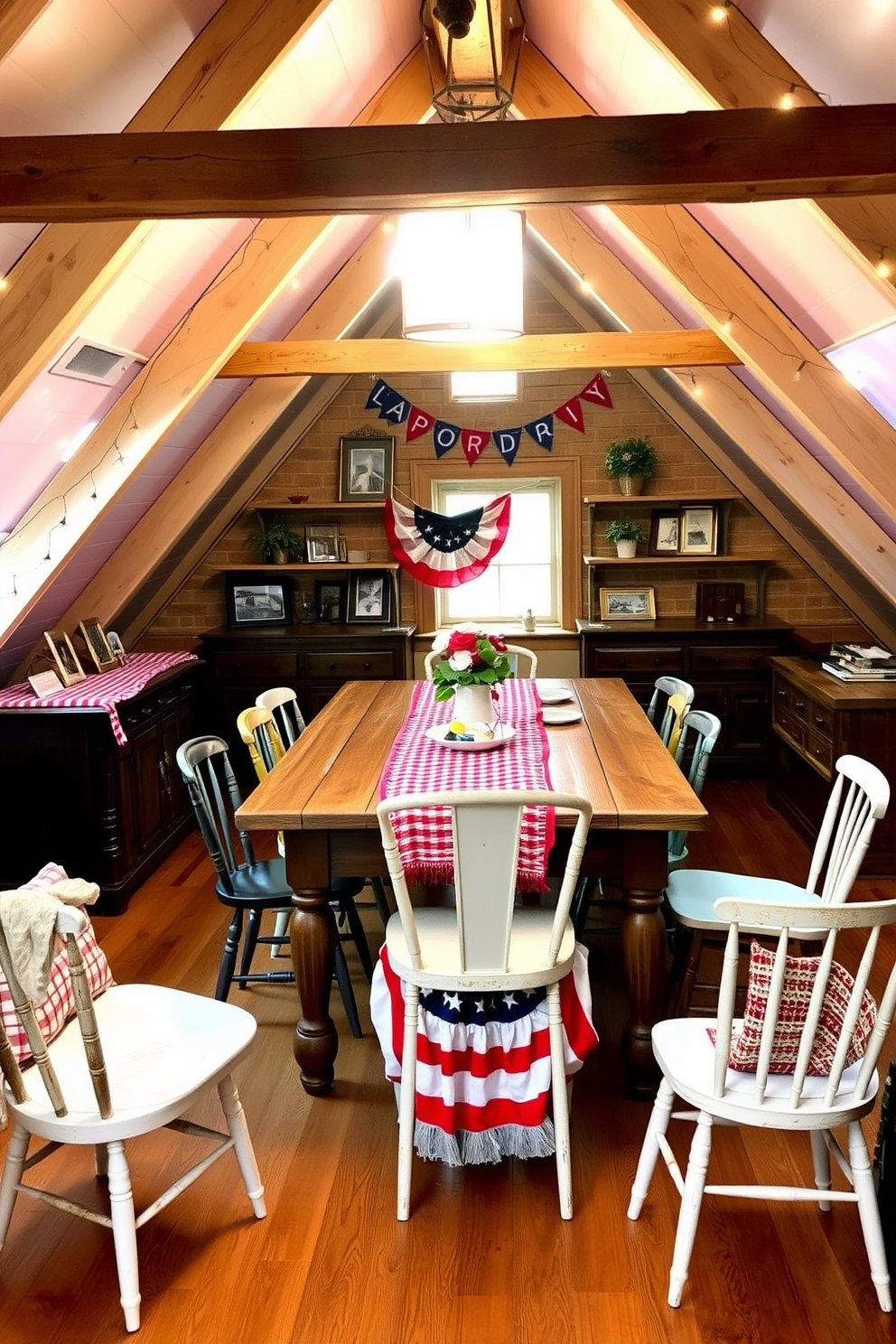 A cozy attic space transformed for Labor Day celebrations. The room features a rustic wooden table adorned with a festive red and white tablecloth, surrounded by mismatched chairs that add charm. Soft warm white lighting hangs from exposed beams, creating a welcoming atmosphere. Vintage decorations, like framed photos and small potted plants, are placed on shelves to enhance the character of the attic.