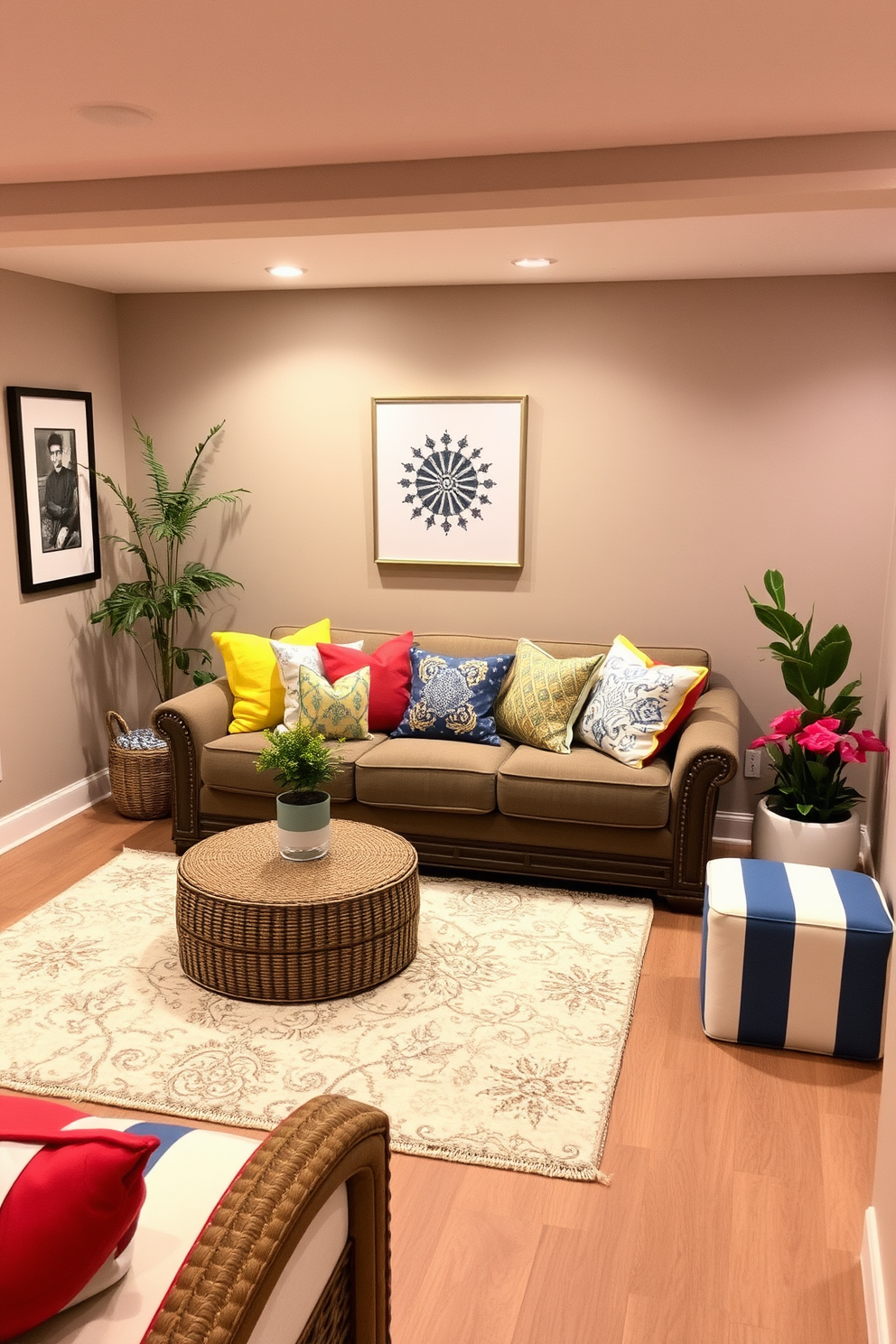 Cozy seating area with colorful cushions. A plush sofa adorned with an array of vibrant cushions invites relaxation, while a soft area rug grounds the space. Labor Day Basement Decorating Ideas. The basement features a warm color palette with ambient lighting, creating an inviting atmosphere for gatherings and celebrations.