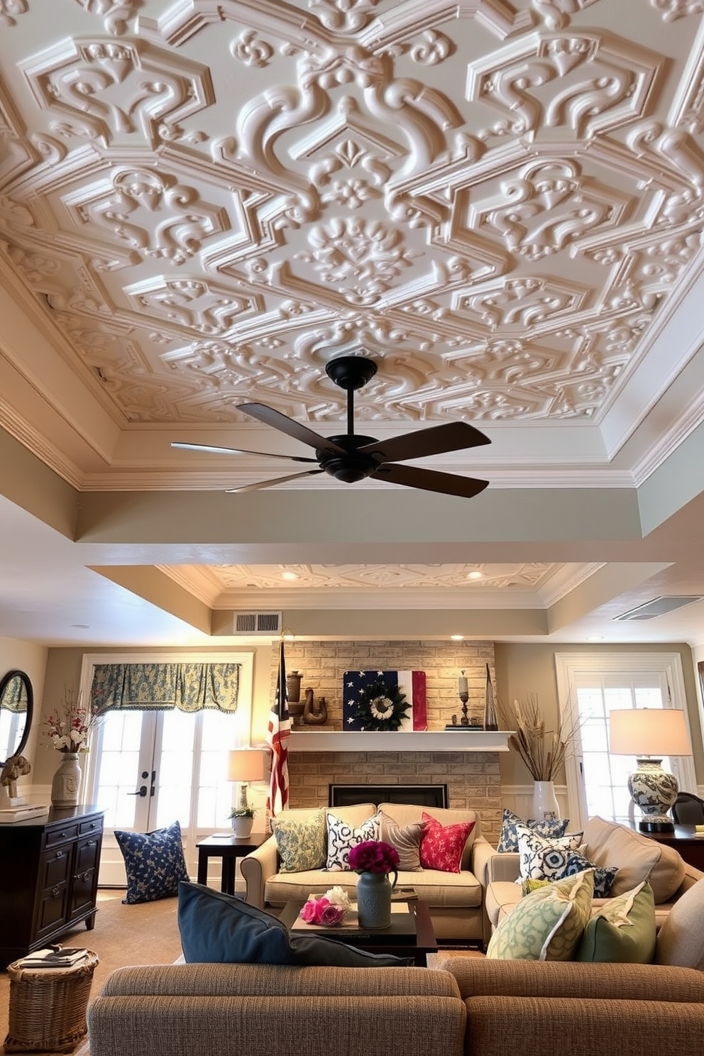 Artistic ceiling design for visual interest. The ceiling features intricate plasterwork with a combination of geometric patterns and organic shapes, painted in soft pastel colors to create a serene atmosphere. Labor Day basement decorating ideas. The basement is transformed into a cozy retreat with comfortable seating, warm lighting, and seasonal decorations that celebrate the spirit of Labor Day, including rustic elements and vibrant throw pillows.