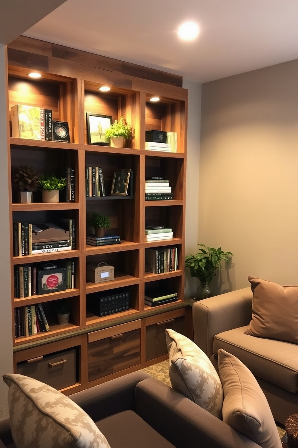 A cozy basement space featuring built-in shelves made of reclaimed wood for organized storage. The shelves are filled with neatly arranged books, decorative boxes, and plants, creating a warm and inviting atmosphere. The walls are painted in a soft gray tone, complemented by warm lighting fixtures that enhance the ambiance. A comfortable seating area with plush cushions and a stylish coffee table is positioned nearby, perfect for relaxing or entertaining guests.