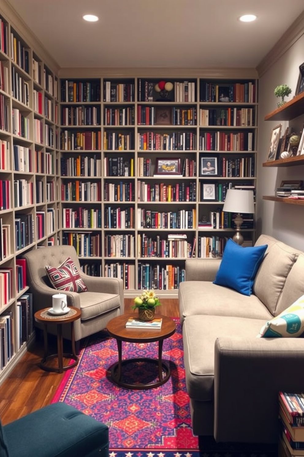 Cozy reading nook with bookshelves. A plush armchair is nestled in the corner, surrounded by floor-to-ceiling bookshelves filled with a variety of books. Soft lighting from a nearby lamp creates a warm ambiance, while a small side table holds a steaming cup of tea. A colorful area rug adds texture and comfort to the space, inviting relaxation and enjoyment of reading. Labor Day Basement Decorating Ideas. The basement features a comfortable lounge area with a large sectional sofa and a coffee table perfect for gatherings. Bright throw pillows and a vibrant area rug bring color to the space, while wall-mounted shelves display decorative items and family photos.