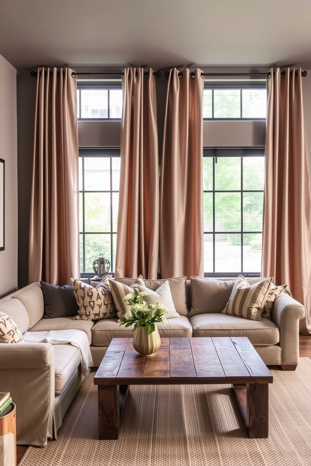 Stylish curtains to frame windows. The fabric is a luxurious silk blend in a soft taupe color, elegantly draping to the floor and pooling slightly at the base. Labor Day Basement Decorating Ideas. The space features a cozy seating area with a plush sectional sofa, complemented by a rustic coffee table made of reclaimed wood.