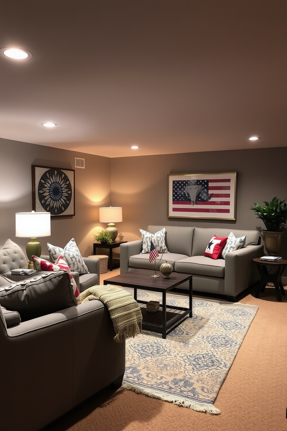 A cozy basement retreat designed for relaxation. Soft mood lighting casts a warm glow across the space, highlighting comfortable seating and inviting textures. Stylish decor elements reflect the spirit of Labor Day celebrations. Subtle accents in red, white, and blue enhance the festive atmosphere while maintaining a sophisticated look.