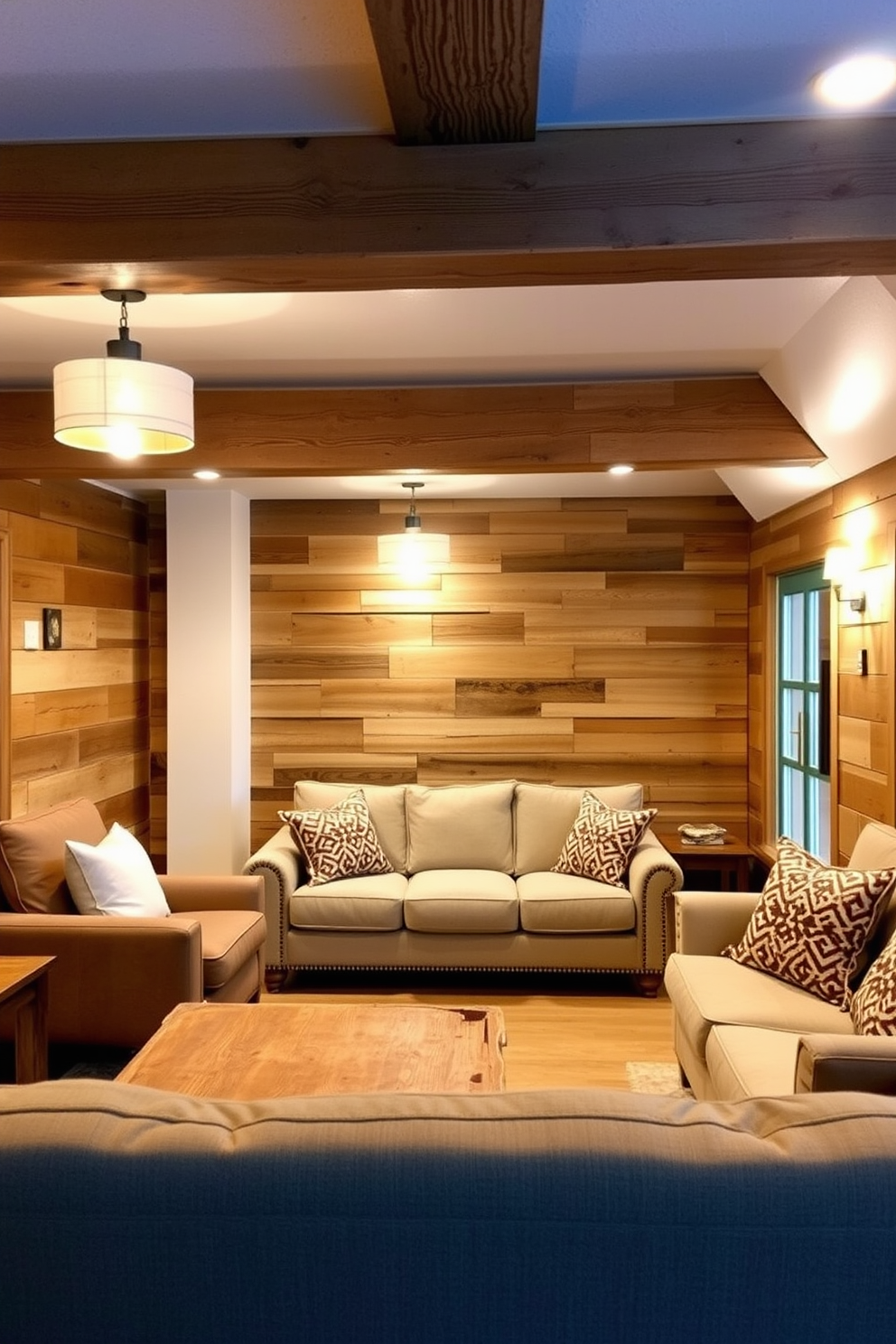 A cozy basement retreat featuring rustic wood accents that create a warm and inviting atmosphere. The walls are adorned with reclaimed wood panels, and a large wooden beam runs across the ceiling, enhancing the rustic charm. A comfortable seating area is arranged with plush sofas and a coffee table made of distressed wood. Soft lighting fixtures hang from the ceiling, casting a warm glow over the space, perfect for relaxation during Labor Day gatherings.