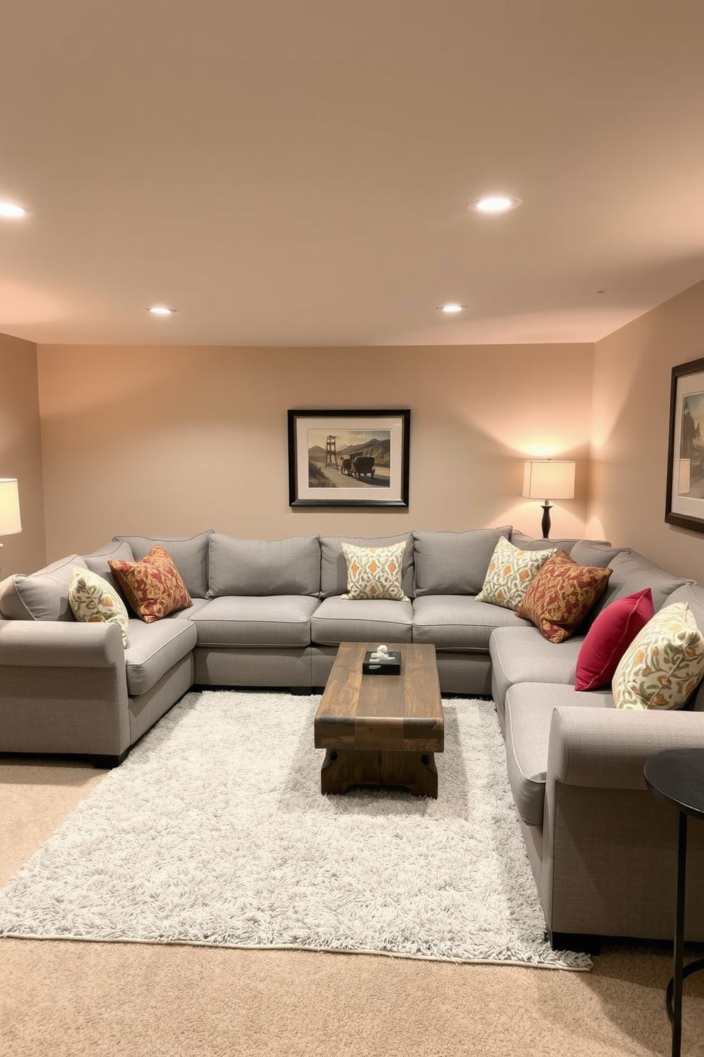 A cozy basement gathering space features a large comfortable sectional sofa upholstered in a soft gray fabric. The sofa is adorned with colorful throw pillows and positioned around a rustic wooden coffee table, creating an inviting atmosphere for socializing. The walls are painted a warm beige, complemented by ambient lighting from stylish floor lamps. A plush area rug anchors the seating area, while framed artwork adds a personal touch to the decor.