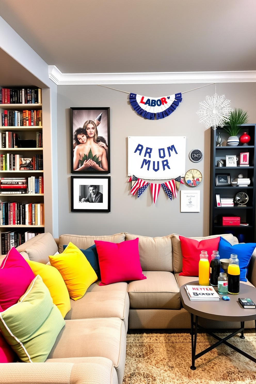 Bright cushions in vibrant colors are scattered across a plush sectional sofa, adding a lively touch to the otherwise neutral basement decor. The walls are painted in a soft gray, while stylish shelving displays an array of books and decorative items, creating a cozy and inviting atmosphere. Labor Day decorations bring a festive flair to the space, with tasteful banners and seasonal accents adorning the walls. A small refreshment table is set up with snacks and drinks, inviting friends and family to gather and enjoy the holiday together.