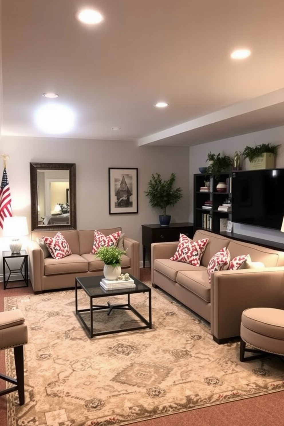 A cozy basement retreat designed for relaxation and entertainment. Soft lighting illuminates the space, highlighting the plush seating area and a large area rug that adds warmth. Mirrors are strategically placed to enhance the natural light coming from the small windows. The walls are painted in a light neutral tone, creating an airy feel despite the basement setting. Decorative elements include a stylish coffee table and shelves adorned with books and plants. Labor Day decorations subtly incorporate red, white, and blue accents, celebrating the holiday while maintaining an elegant aesthetic.