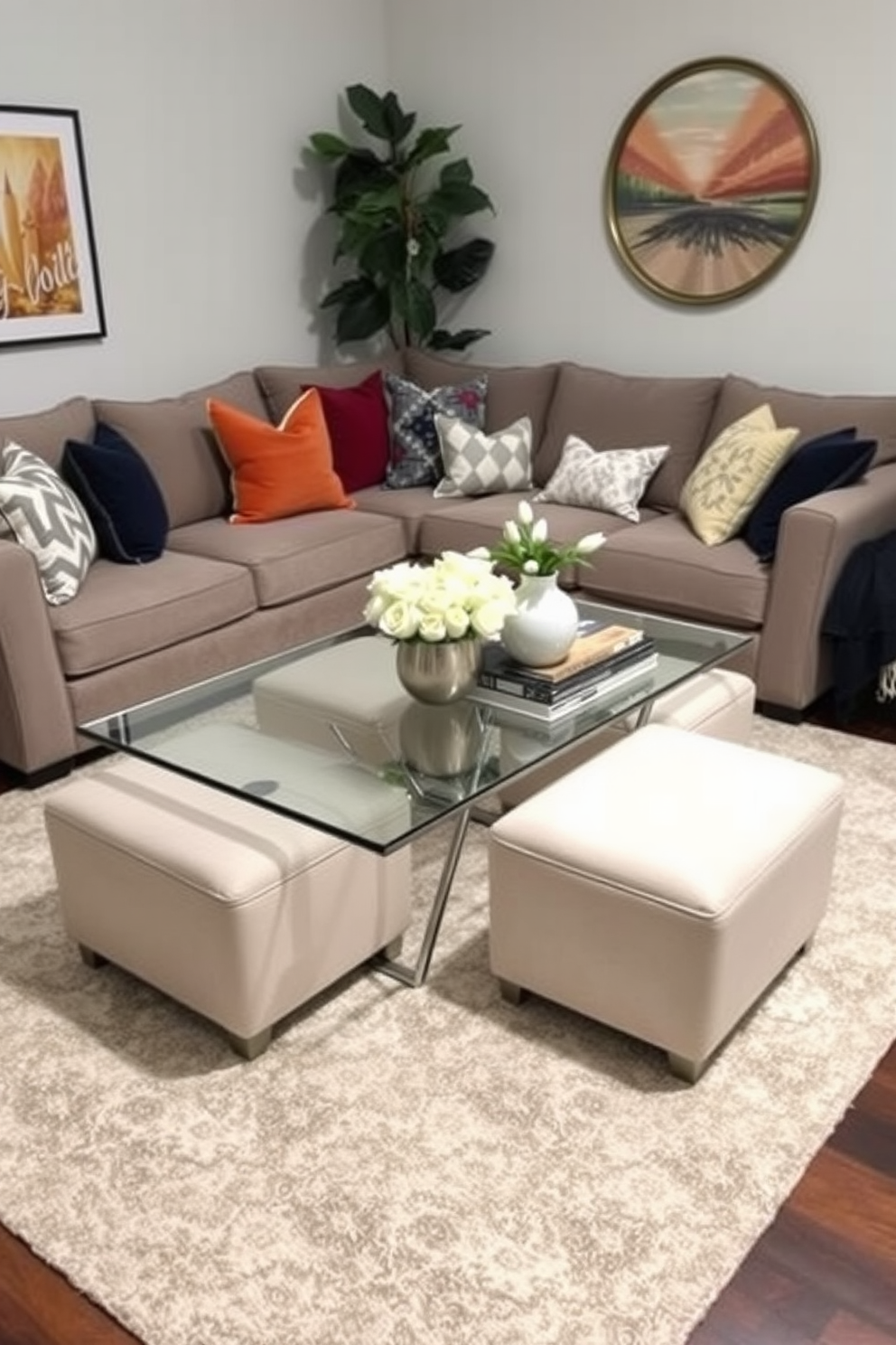 Chic coffee table for style and function. The table features a sleek glass top supported by a geometric metal base, surrounded by plush upholstered ottomans for additional seating and comfort. Labor Day Basement Decorating Ideas. The space is designed with a cozy sectional sofa, layered with colorful throw pillows, and a large area rug that adds warmth and texture to the room.