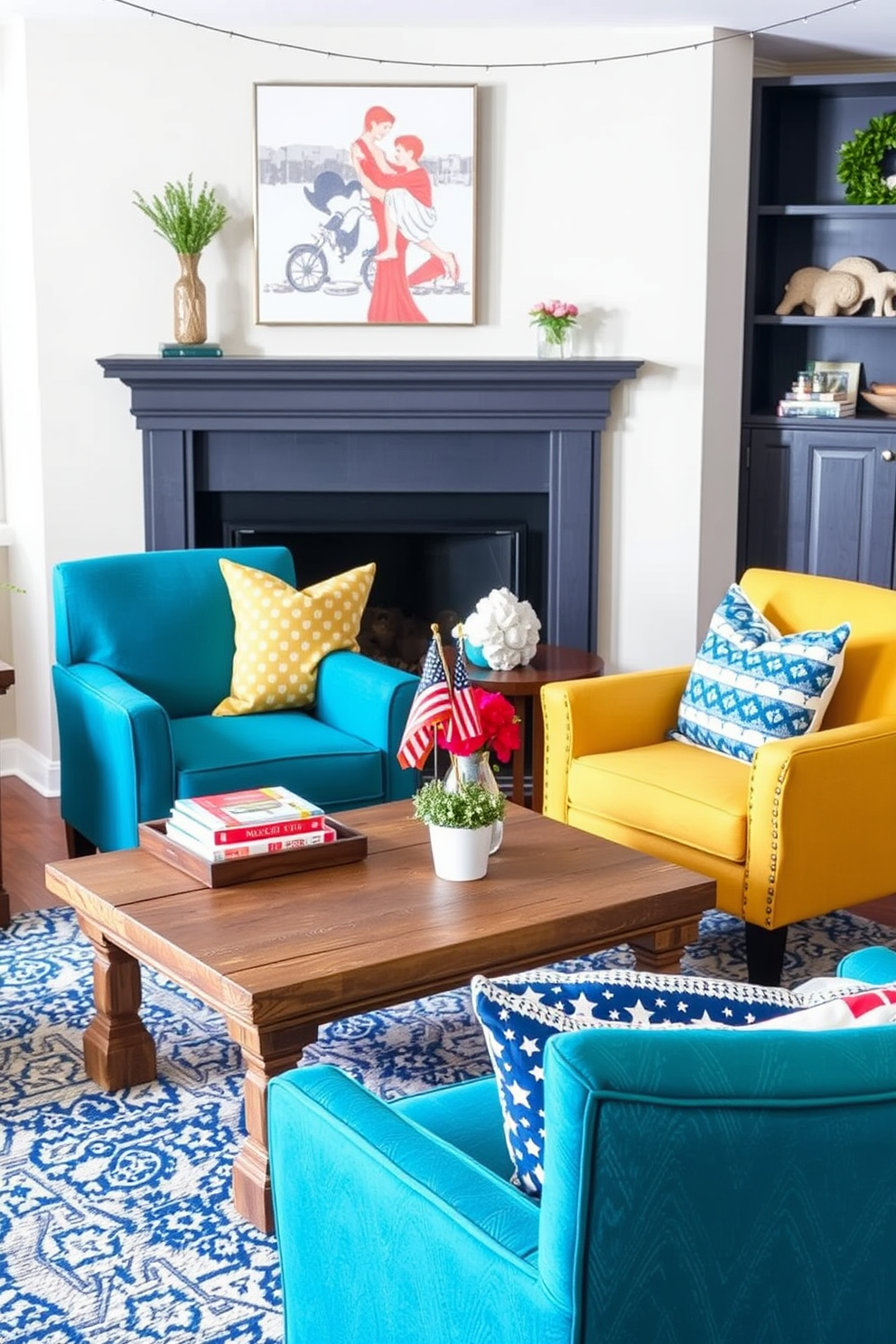 Colorful accent chairs in vibrant hues such as teal and mustard yellow are strategically placed around a rustic wooden coffee table. The chairs feature unique patterns and textures that enhance the cozy atmosphere of the basement. For Labor Day basement decorating ideas, create a festive setting with themed decorations like red, white, and blue throw pillows and table settings. Incorporate string lights and seasonal decor to bring warmth and celebration to the space.