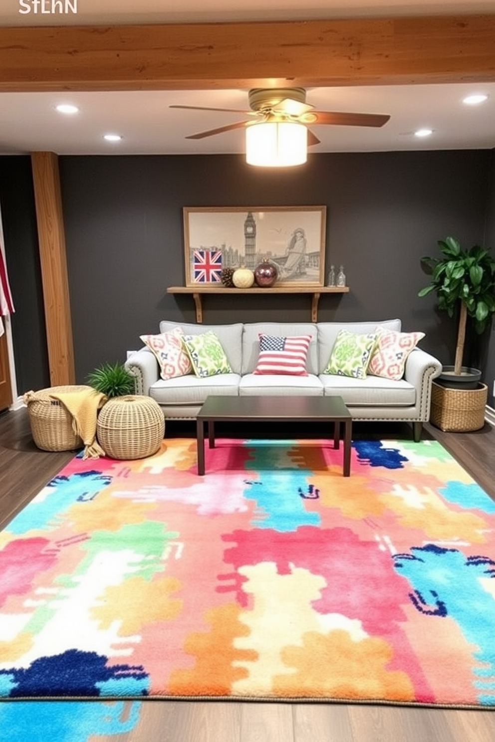 Bright area rug to add warmth to the basement space. The rug features vibrant colors and a soft texture that invites comfort and style. Labor Day basement decorating ideas include cozy seating arrangements and festive decor. Incorporate elements like throw pillows and seasonal accents to create an inviting atmosphere.