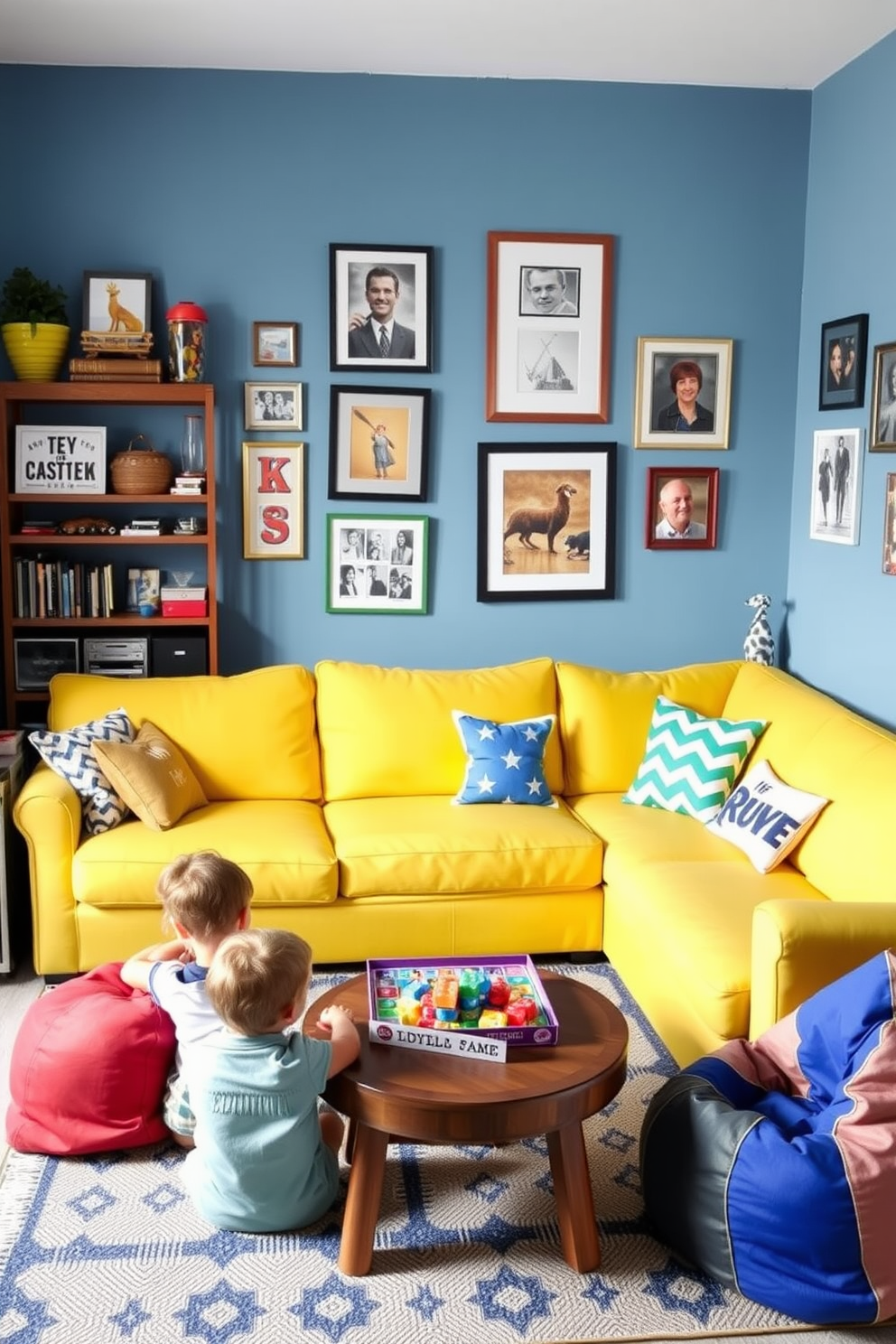 Create a vibrant family game zone filled with playful decor. Include a large sectional sofa in a bright color, a coffee table with board games, and walls adorned with framed family photos and artwork. Incorporate a cozy area with a rug for kids to sit and play on, alongside a colorful bean bag chair. Add a mini fridge stocked with snacks and drinks to enhance the fun atmosphere for Labor Day celebrations.