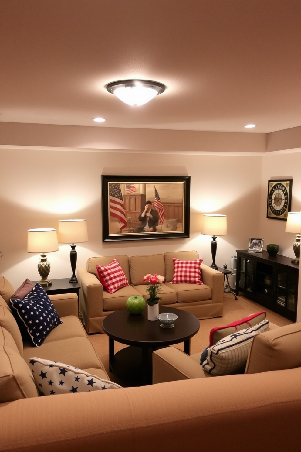 A cozy basement space designed for relaxation. Soft accent lighting is provided by stylish lamps placed strategically around the room, creating a warm and inviting atmosphere. The walls are painted in a light neutral tone, and plush seating is arranged to encourage conversation. Decorative elements celebrate Labor Day with subtle patriotic accents, adding a festive touch to the decor.