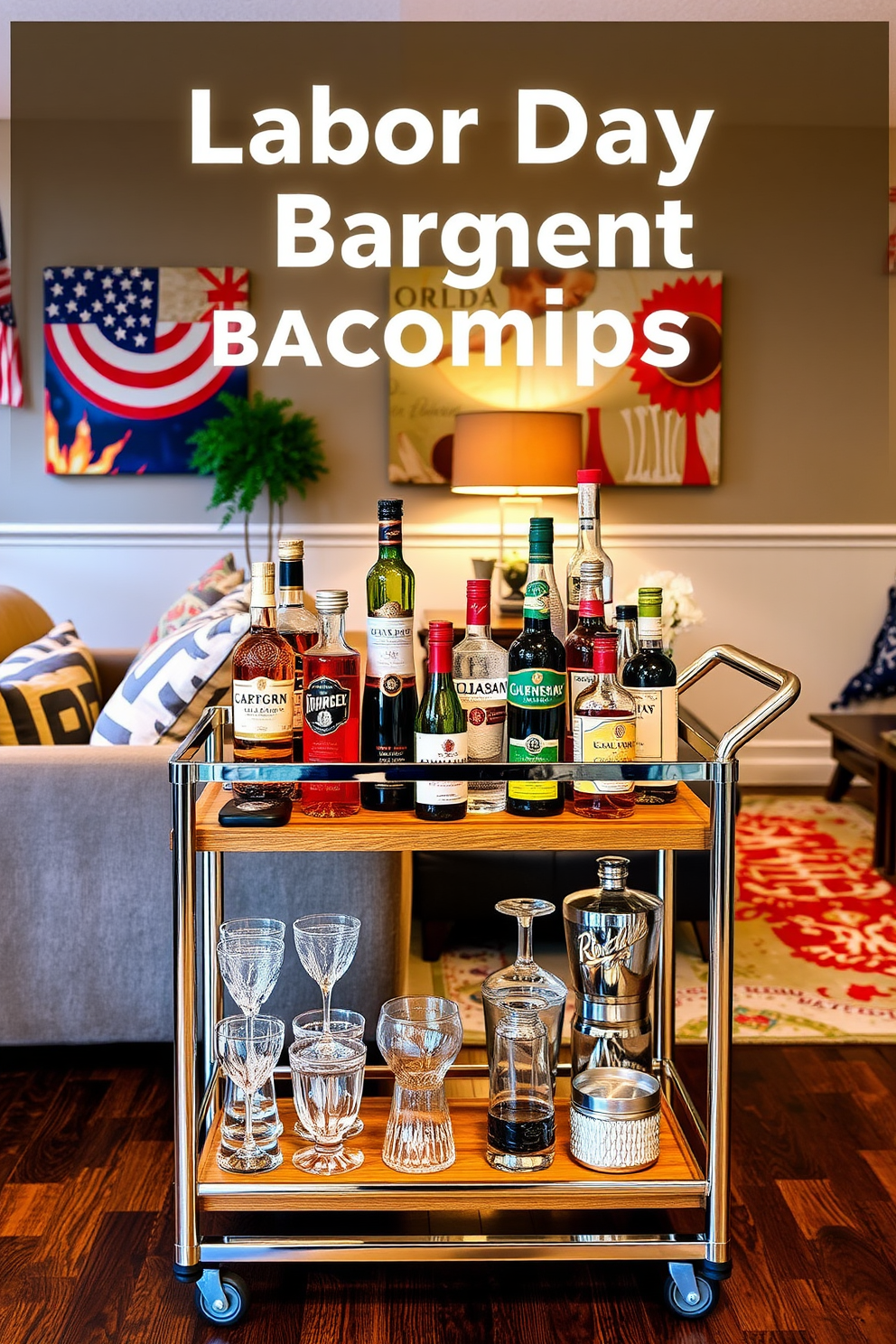 A functional bar cart for entertaining guests. The cart features a sleek design with a polished metal frame and wooden shelves, stocked with an array of glassware and premium spirits. Labor Day basement decorating ideas. The space is transformed with cozy seating arrangements, warm lighting, and vibrant wall art that reflects a festive atmosphere for gatherings.