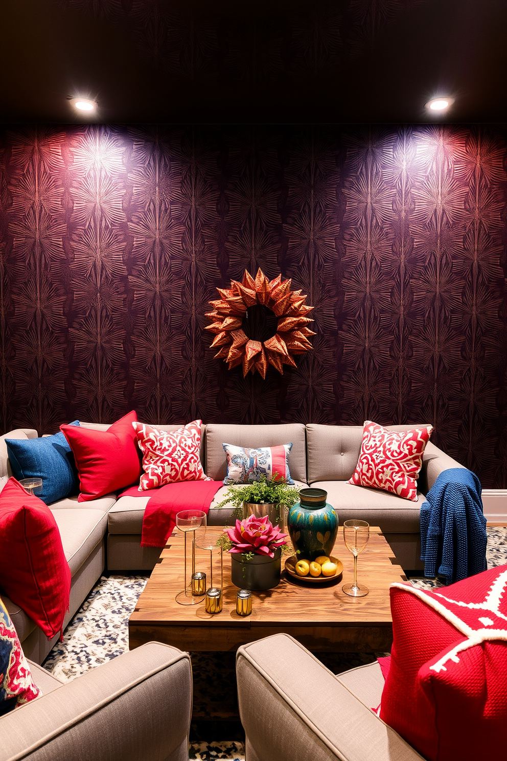 A striking statement wallpaper adorns the walls, featuring bold geometric patterns in deep hues that create a dramatic focal point. The lighting is strategically placed to enhance the texture and colors of the wallpaper, adding depth to the space. For Labor Day basement decorating ideas, the design incorporates a cozy lounge area with plush seating and vibrant throw pillows. A rustic coffee table sits at the center, surrounded by warm lighting and seasonal decor that celebrates the holiday spirit.