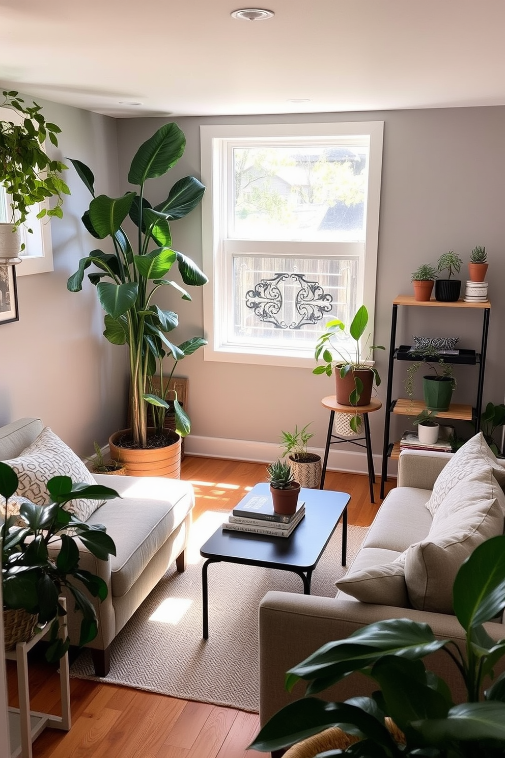 A cozy basement space filled with natural light. There are several indoor plants placed strategically around the room, including a tall fiddle leaf fig in the corner and smaller succulents on shelves, bringing a touch of freshness to the environment. The walls are painted a soft gray, and the flooring features a warm wooden finish. Comfortable seating is arranged around a low coffee table, adorned with a few decorative books and a stylish plant pot, creating an inviting atmosphere for relaxation and social gatherings.