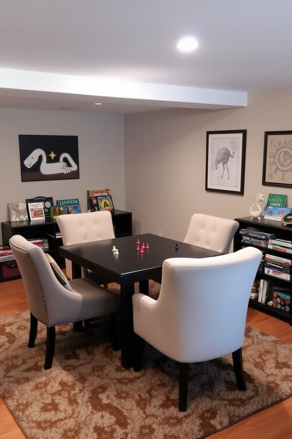 A cozy game table setup in the basement designed for family fun nights. The table is surrounded by comfortable upholstered chairs, and soft lighting creates an inviting atmosphere. Decorative elements include family-friendly board games neatly arranged on a shelf nearby. The walls are adorned with playful artwork, and a plush area rug adds warmth to the space.