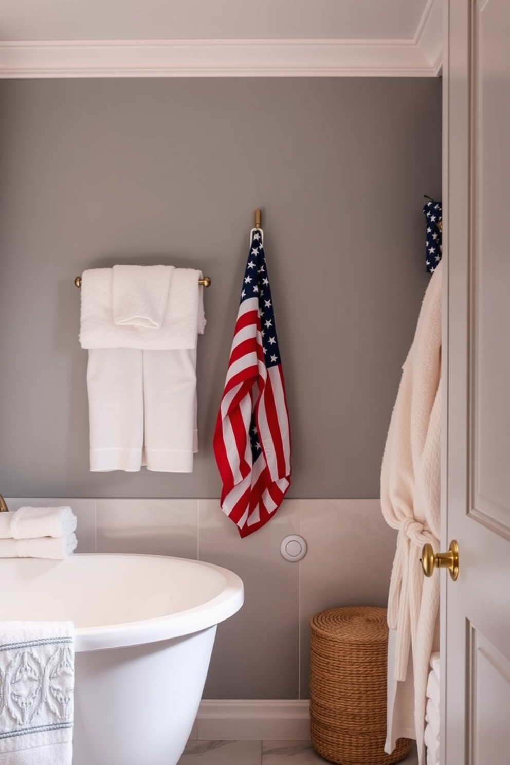 Spa inspired decor with soft textiles creates a tranquil ambiance. Plush towels and a cozy robe hang neatly, inviting relaxation and comfort. Labor Day bathroom decorating ideas incorporate festive touches while maintaining elegance. Subtle patriotic accents like red, white, and blue accessories enhance the space without overwhelming the serene atmosphere.