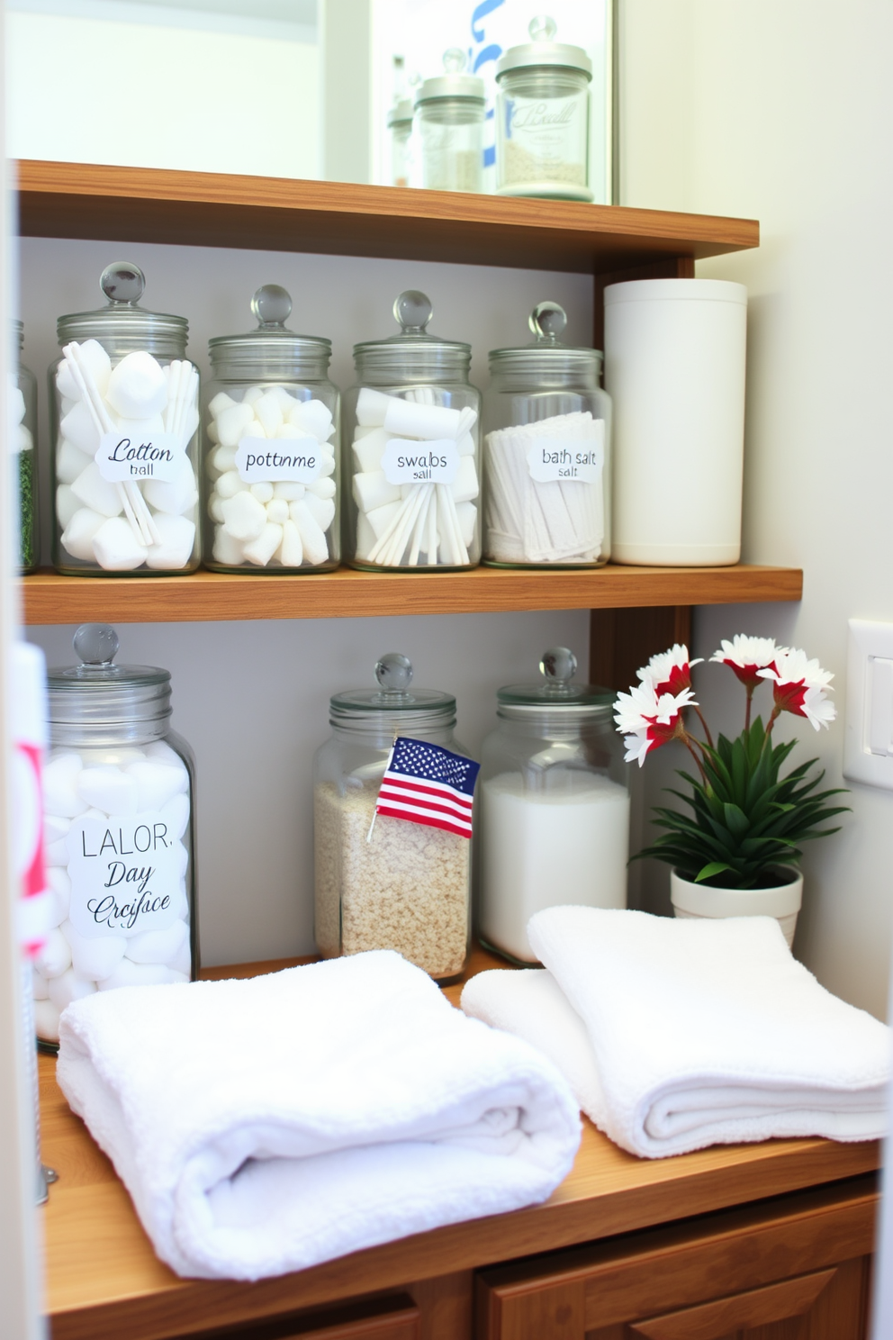 A stylish bathroom featuring glass jars neatly arranged on a wooden shelf. Each jar is filled with organized essentials such as cotton balls, swabs, and bath salts, creating a clean and inviting atmosphere. The decor is inspired by Labor Day celebrations, incorporating subtle red, white, and blue accents. Soft white towels are neatly folded and placed beside a small potted plant for a touch of freshness.