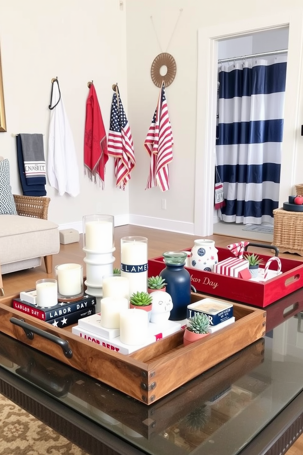 A collection of decorative trays arranged on a stylish coffee table. The trays feature a mix of textures and materials, including wood, metal, and ceramic, showcasing an assortment of candles, books, and small plants. A Labor Day themed bathroom adorned with red, white, and blue accents. The space includes festive towels, a patriotic shower curtain, and decorative elements that evoke a sense of celebration and relaxation.