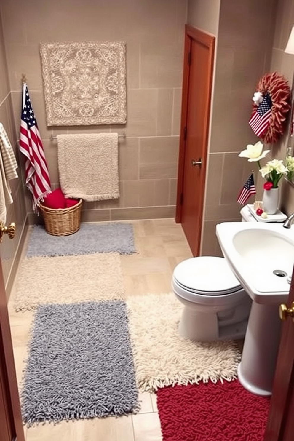 A cozy bathroom adorned with layered rugs in various textures and colors. The rugs create a warm and inviting atmosphere, enhancing the overall comfort of the space. For Labor Day, the bathroom features festive decor elements like small American flag accents and seasonal flowers. The combination of these decorations adds a cheerful touch while maintaining a sophisticated aesthetic.