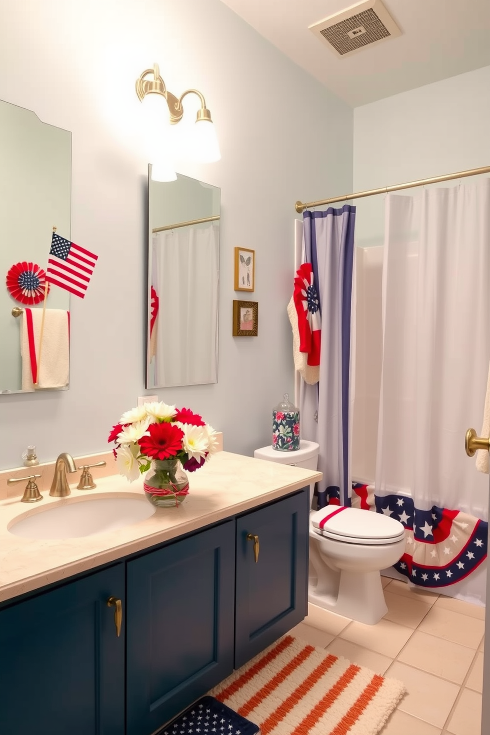 A vibrant bathroom space adorned with fresh flowers in a decorative vase on the countertop. The walls are painted in a soft pastel hue, complemented by elegant fixtures and a stylish shower curtain. Incorporate Labor Day themed decorations such as red, white, and blue accents throughout the room. A cozy bath mat features stars and stripes, adding a festive touch to the overall design.