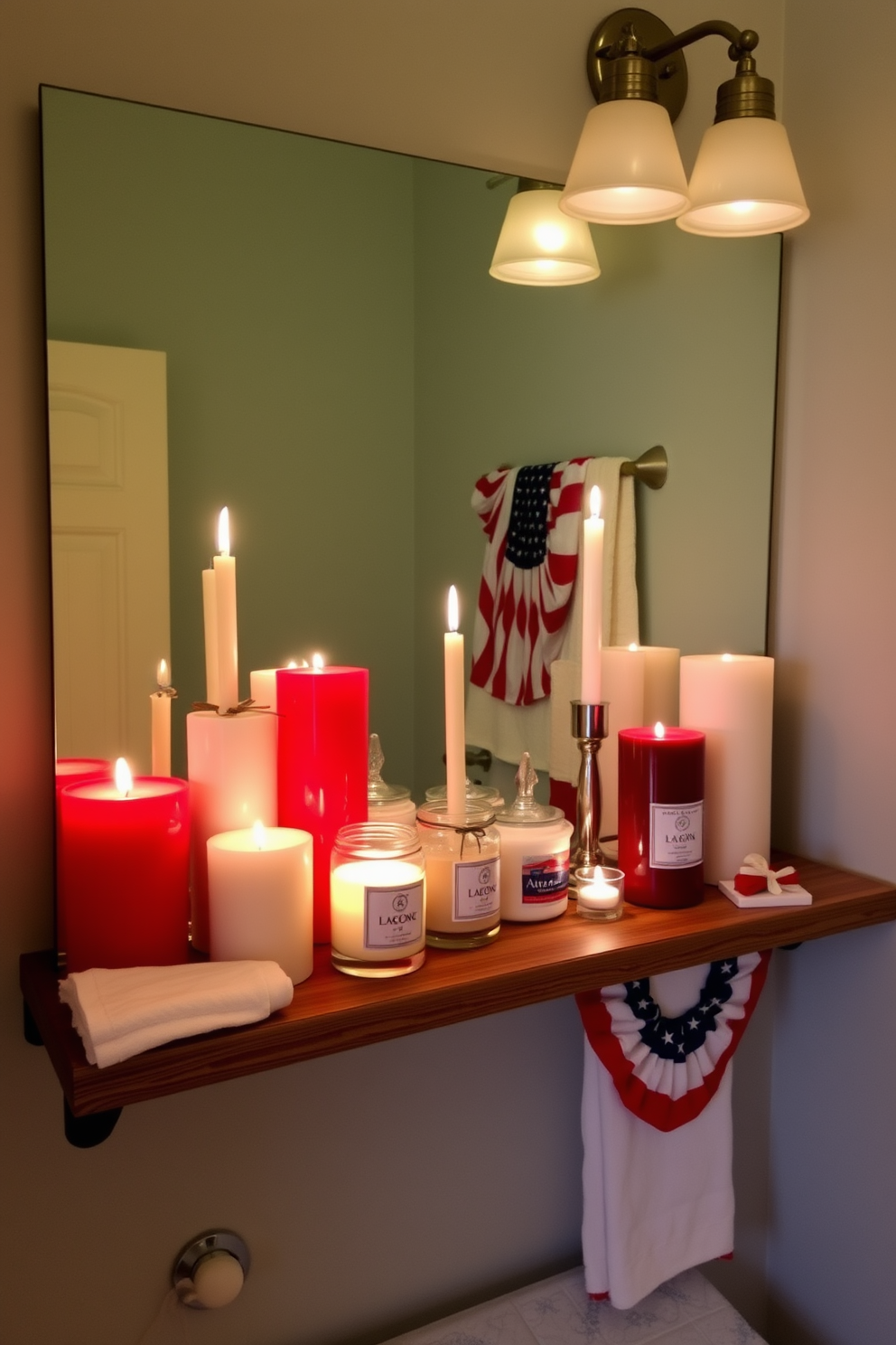 A serene bathroom atmosphere is created with an array of scented candles arranged on a wooden shelf. The candles are in various heights and colors, providing a warm glow that enhances the calming ambiance. For Labor Day, consider incorporating festive decorations that celebrate the holiday. Use red, white, and blue accents, such as towels and decorative items, to add a patriotic touch to your bathroom decor.