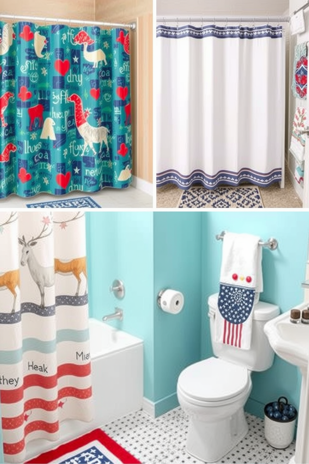 Create a vibrant bathroom space featuring unique shower curtains that express personality and style. Incorporate bright colors and bold patterns that reflect seasonal themes and personal tastes for a lively atmosphere. Design an inviting Labor Day themed bathroom with red, white, and blue accents. Use decorative elements like themed towels and accessories to celebrate the holiday while maintaining a cohesive and stylish look.