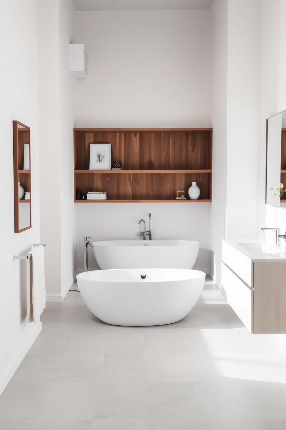 A serene bathroom space featuring minimalist decor with a clean aesthetic. The walls are painted in soft white, and the floor is adorned with light gray tiles, creating a calming atmosphere. A freestanding bathtub sits elegantly in the center, surrounded by simple wooden shelving holding a few carefully selected decor items. The vanity has a sleek design with a single sink and a large mirror above it, reflecting the uncluttered beauty of the space.