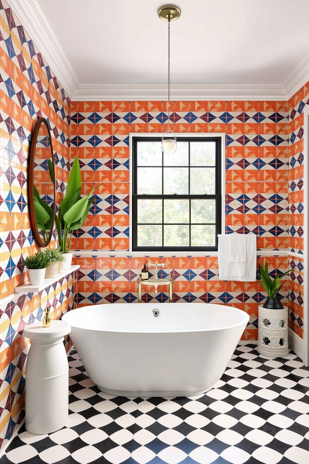 A vibrant bathroom featuring bold tile patterns that create a striking visual interest. The walls are adorned with colorful geometric tiles while the floor showcases a contrasting black and white design. The space includes a sleek freestanding tub positioned under a large window. Decorative elements like potted plants and stylish bath accessories enhance the Labor Day theme with a festive touch.