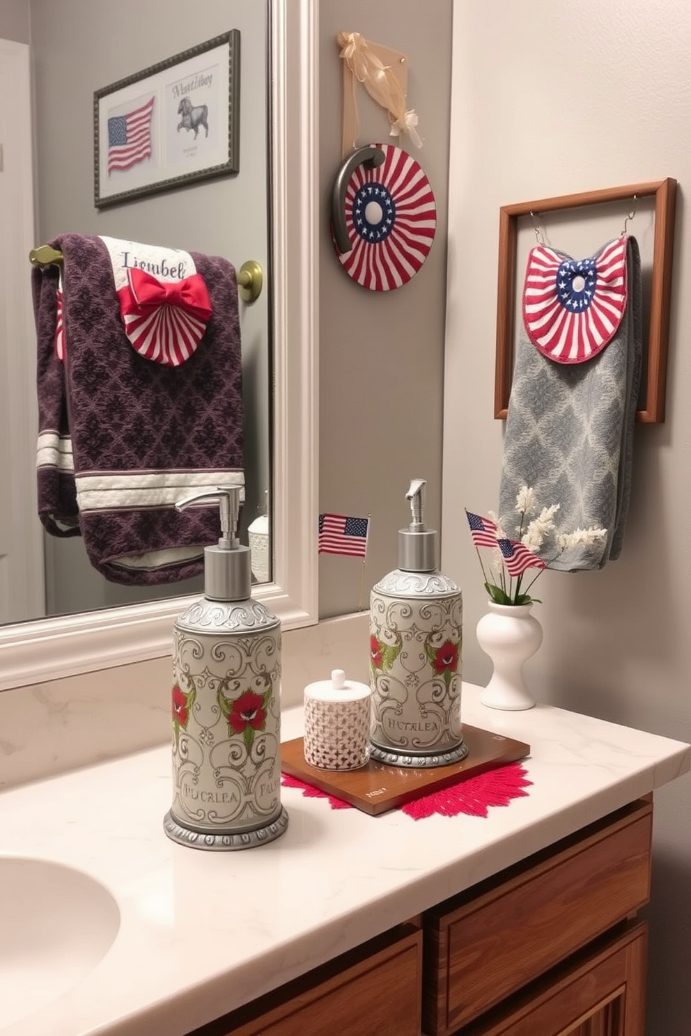 Artistic soap dispensers are strategically placed on the countertop, adding a touch of elegance to the bathroom decor. The dispensers feature intricate designs and colors that complement the overall aesthetic of the space. For Labor Day, the bathroom is adorned with seasonal decorations that reflect a festive spirit. Subtle touches like themed towels and decorative accents create a welcoming atmosphere for guests.