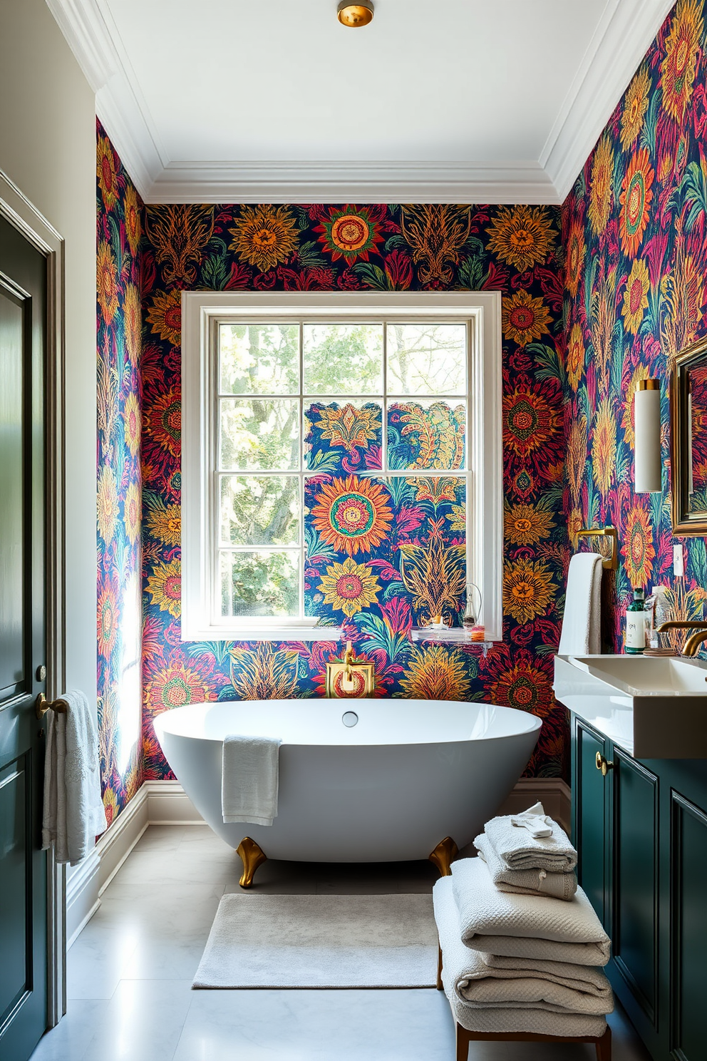 A striking bathroom featuring a bold wallpaper as a statement wall that showcases vibrant colors and intricate patterns. The other walls are painted in a soft neutral tone to complement the bold design, creating a balanced and inviting atmosphere. The space includes a modern freestanding bathtub positioned under a large window, allowing natural light to flood the room. Elegant fixtures in brushed gold add a touch of luxury, while plush towels and decorative accents enhance the overall aesthetic.