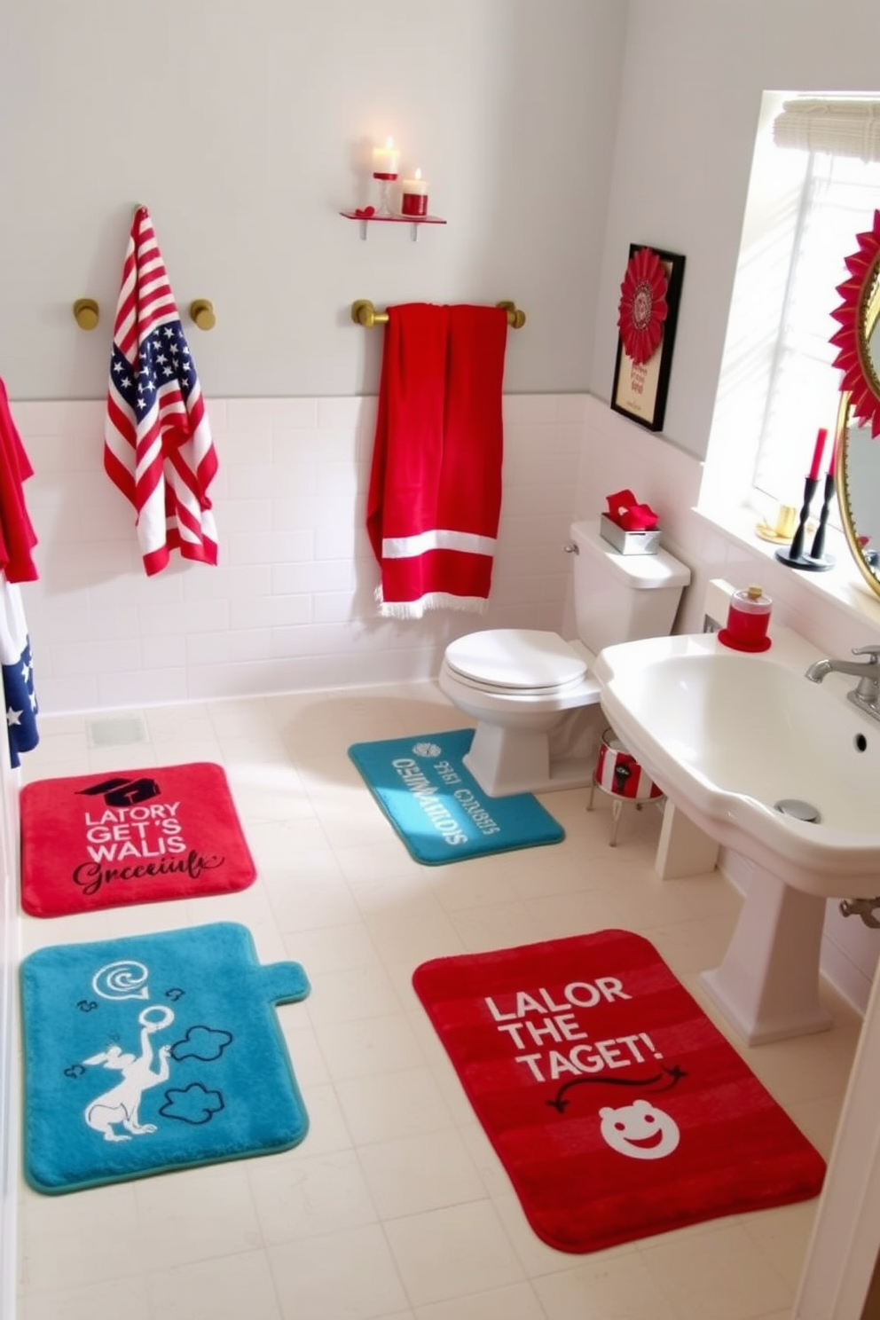 A collection of whimsical bath mats featuring playful designs and vibrant colors is scattered across a bright and cheerful bathroom floor. Each mat adds a touch of fun and personality, inviting a sense of joy and creativity to the space. For Labor Day, the bathroom is adorned with festive decorations that celebrate the holiday. Red, white, and blue accents are incorporated through towels, candles, and artwork, creating a festive and inviting atmosphere.